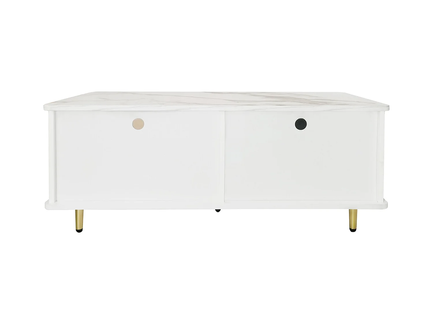 Table basse rectangulaire 100x50x40cm, porte en verre trempé, tiroirs à structure ondulée, oignées et pieds dorés, plateau en structure en marbre, Blanc + Doré