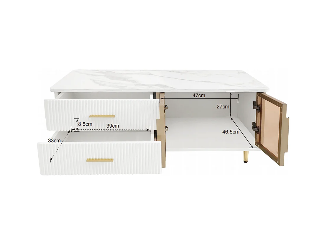 Table basse rectangulaire 100x50x40cm, porte en verre trempé, tiroirs à structure ondulée, oignées et pieds dorés, plateau en structure en marbre, Blanc + Doré