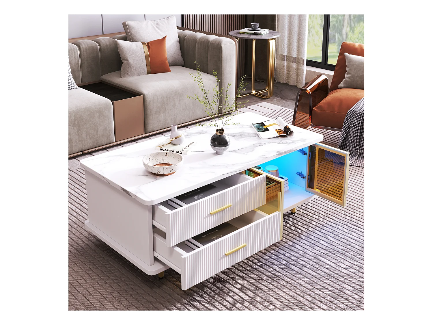 Table basse rectangulaire 100x50x40cm, porte en verre trempé, tiroirs à structure ondulée, oignées et pieds dorés, plateau en structure en marbre, Blanc + Doré