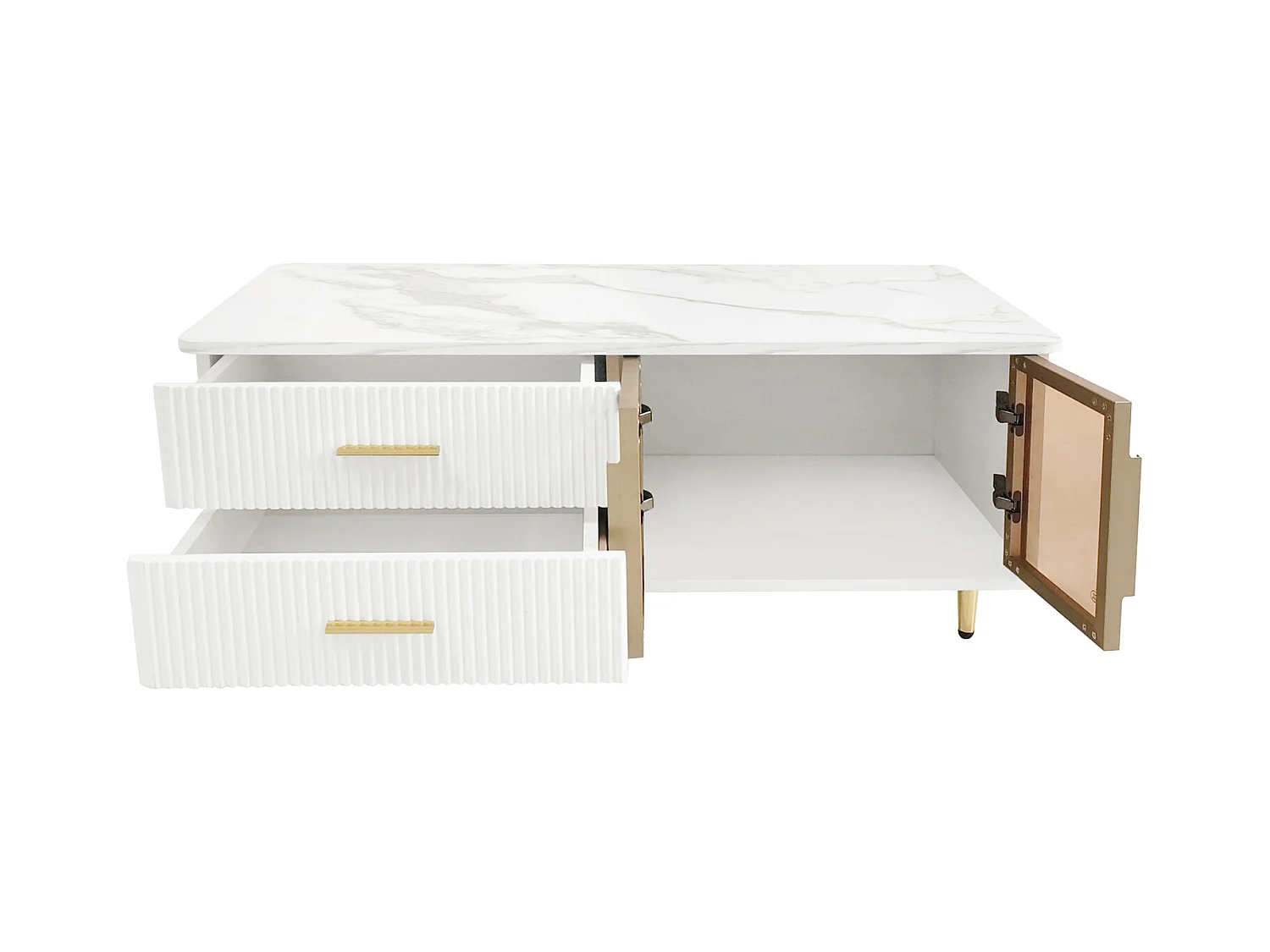 Table basse rectangulaire 100x50x40cm, porte en verre trempé, tiroirs à structure ondulée, oignées et pieds dorés, plateau en structure en marbre, Blanc + Doré