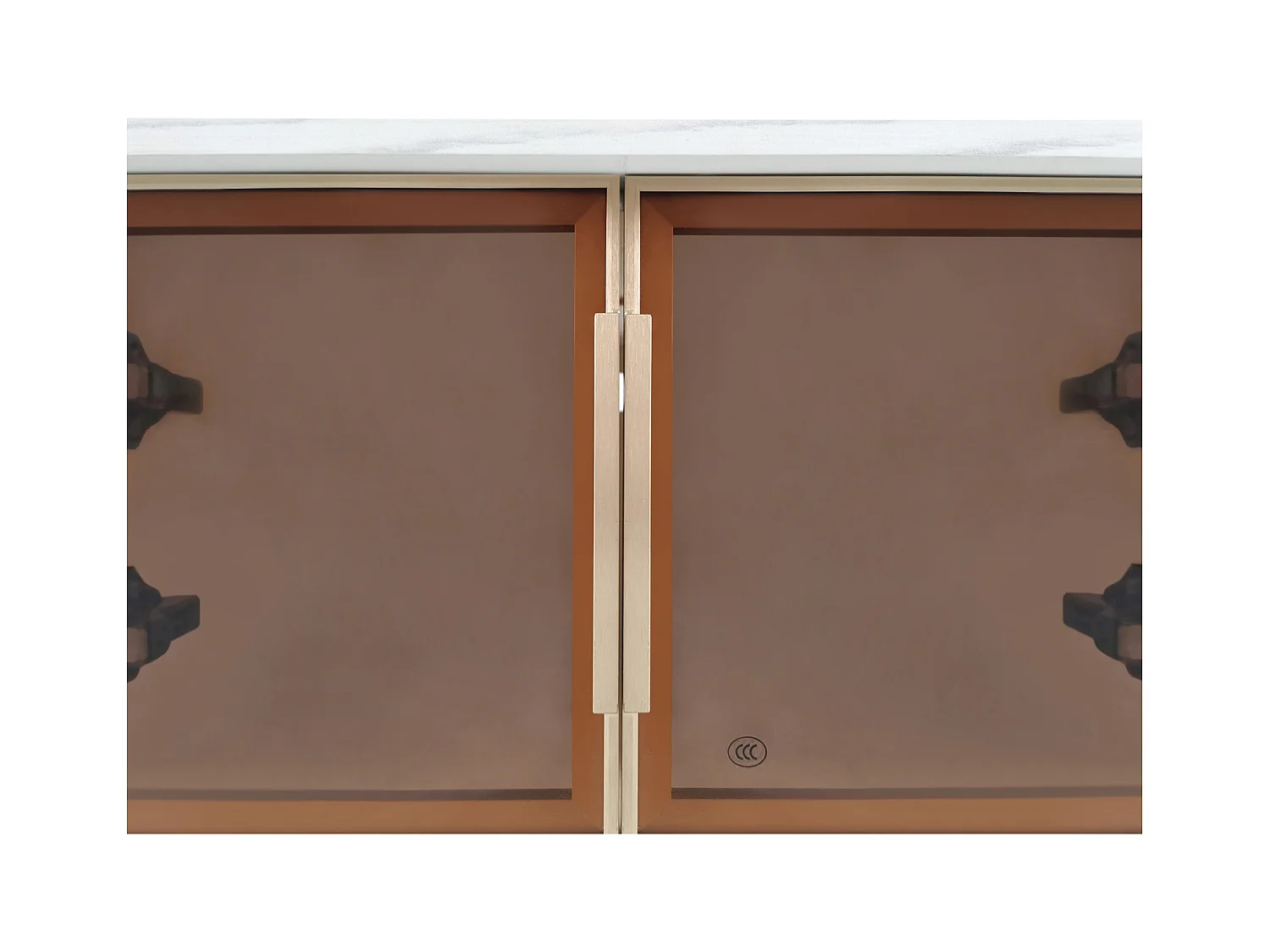 Table basse rectangulaire 100x50x40cm, porte en verre trempé, tiroirs à structure ondulée, oignées et pieds dorés, plateau en structure en marbre, Blanc + Doré
