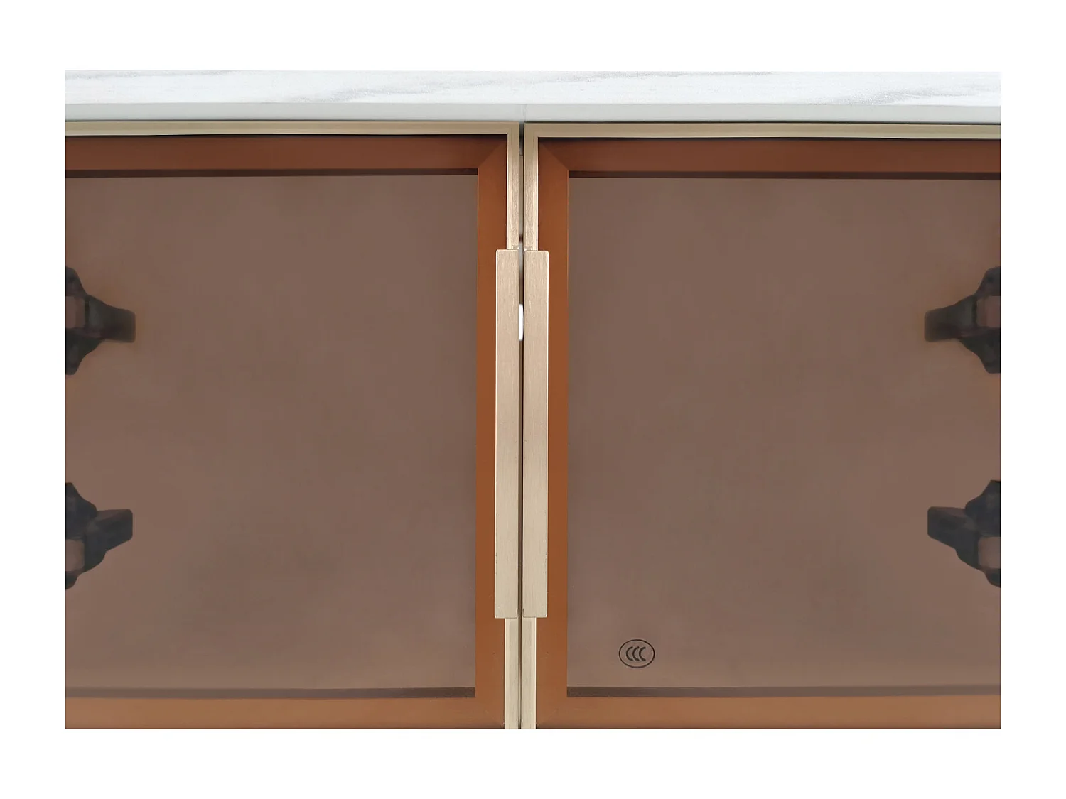 Rechthoekige salontafel 100x50x40cm, gehard glazen deur, laden met golvende structuur, gouden handgrepen en poten, bovenblad met marmeren structuur, Wit + Goud