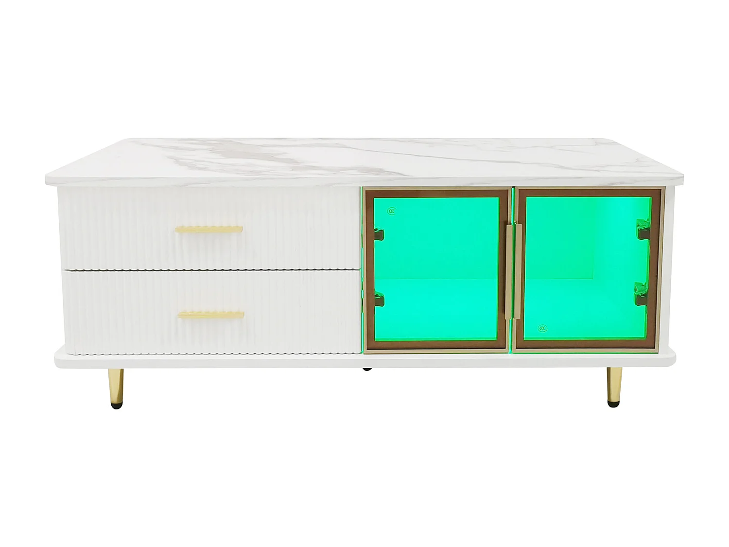 Rechthoekige salontafel 100x50x40cm, gehard glazen deur, laden met golvende structuur, gouden handgrepen en poten, bovenblad met marmeren structuur, Wit + Goud