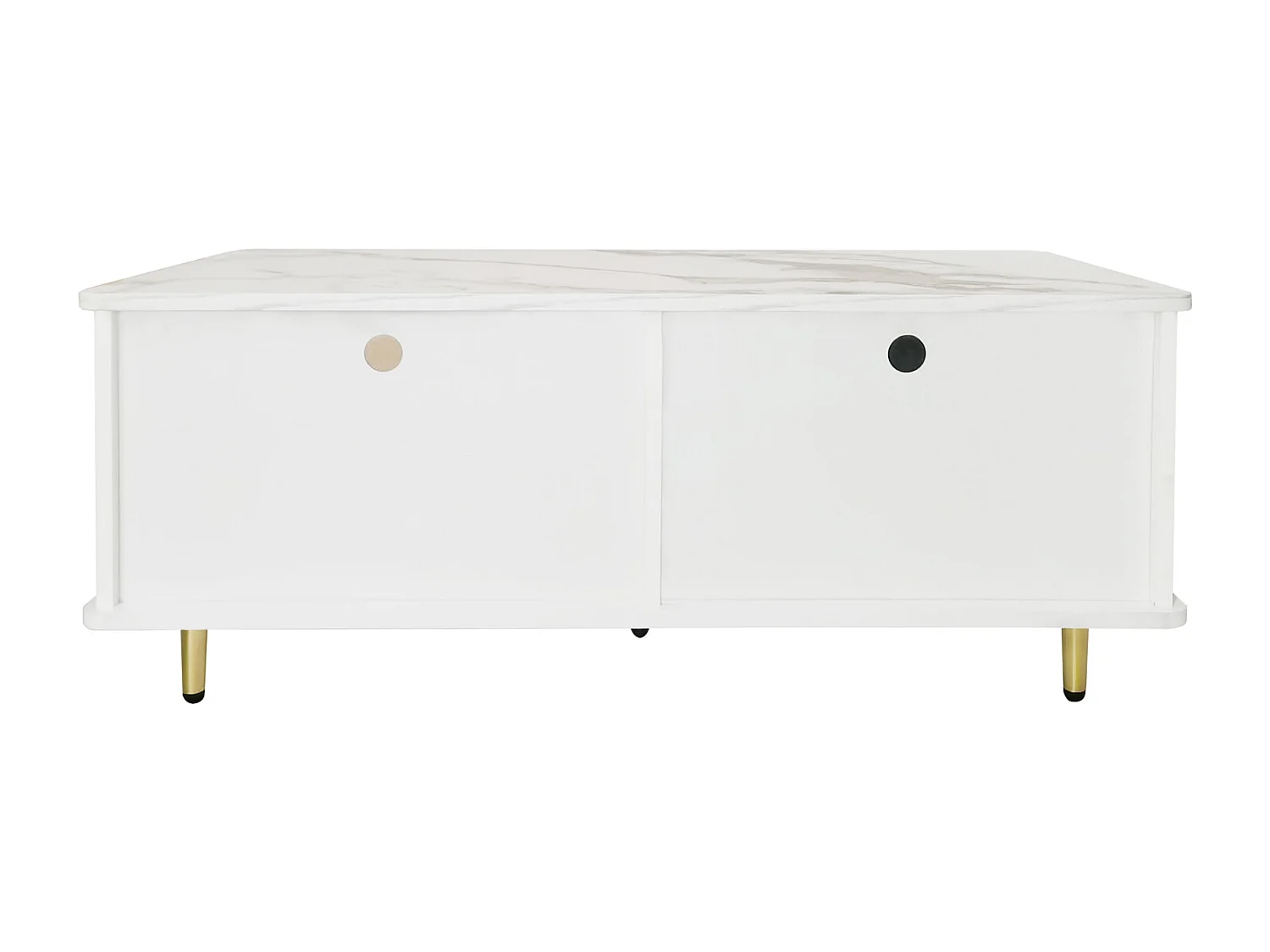 Rechthoekige salontafel 100x50x40cm, gehard glazen deur, laden met golvende structuur, gouden handgrepen en poten, bovenblad met marmeren structuur, Wit + Goud