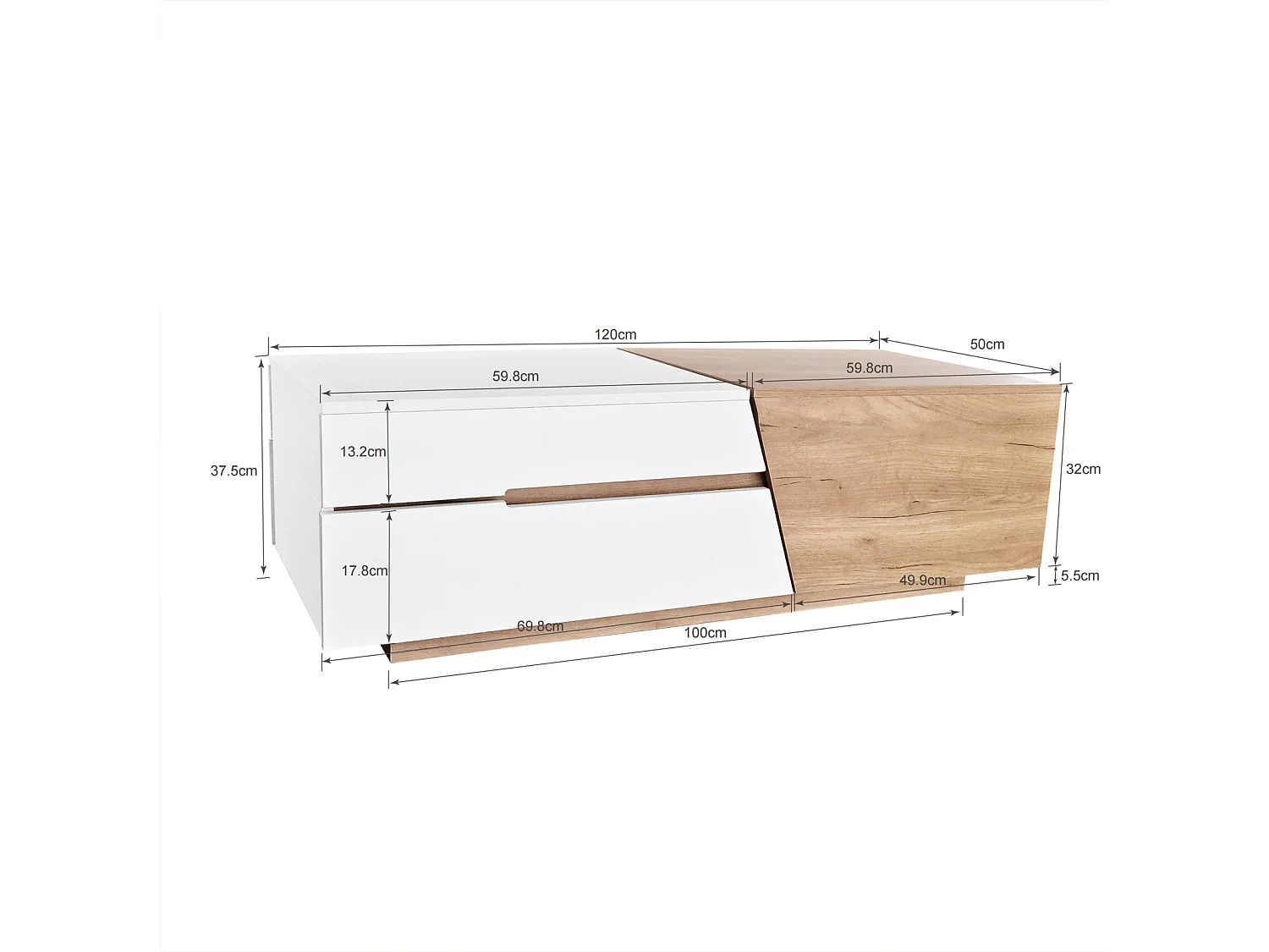 Uitschuifbare salontafel 120x50x37,5cm, rechthoekige salontafel met lades, kleurblokstructuur, Naturel