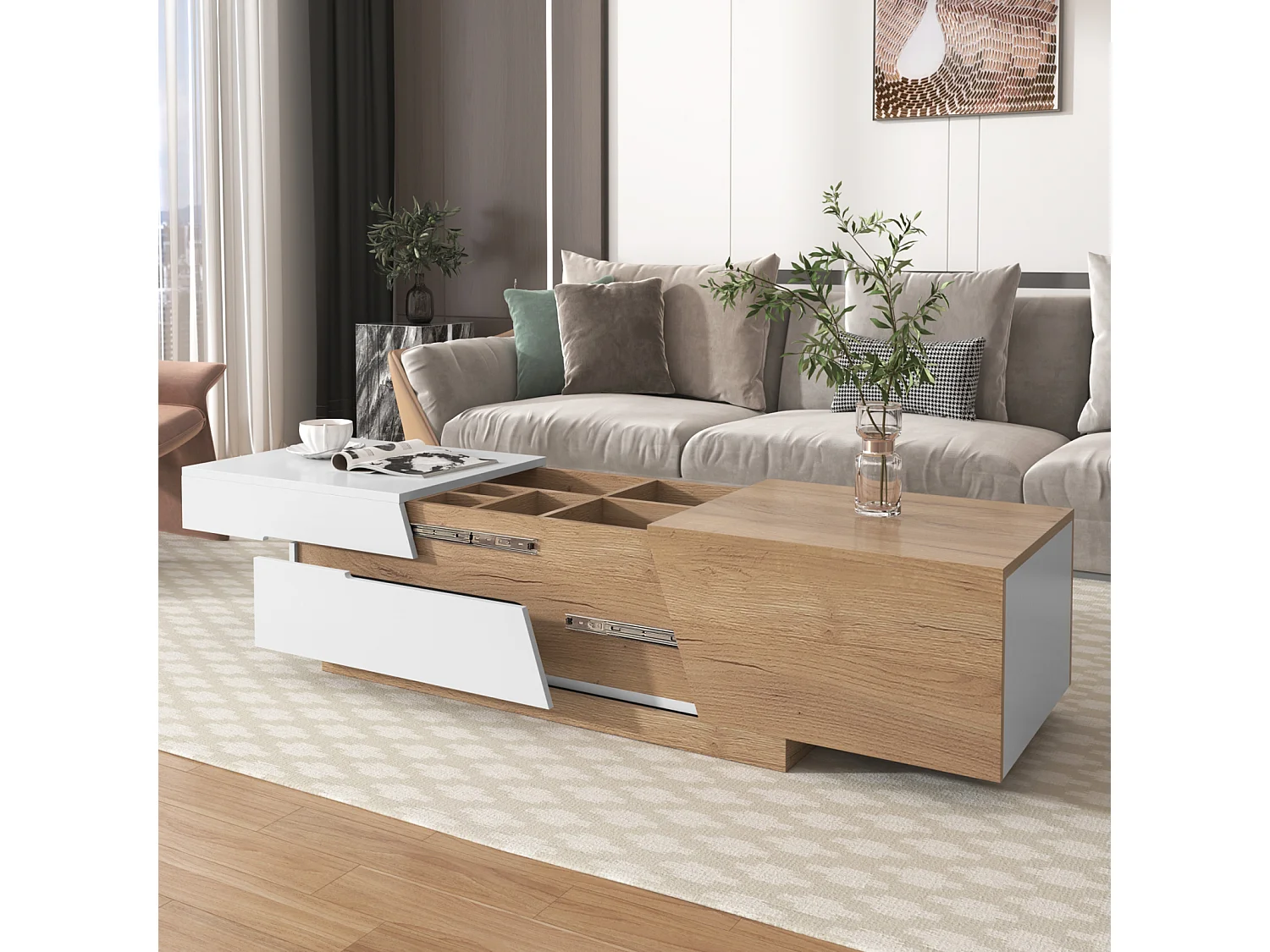 Uitschuifbare salontafel 120x50x37,5cm, rechthoekige salontafel met lades, kleurblokstructuur, Naturel