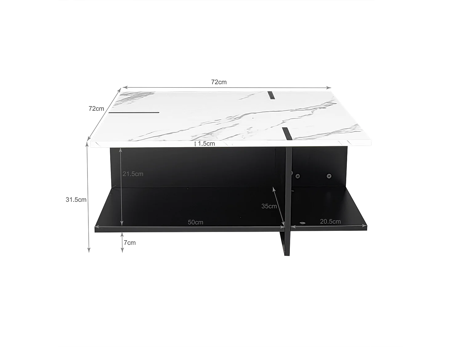 Vierkante salontafel 72x72x32cm - modern en minimalistisch, witte marmerlook - Zwart + Wit MDF