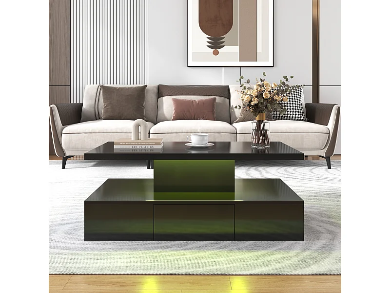 Tavolino da caffè con cassetti, laccato lucido, tavolo con due livelli di stoccaggio, luce LED, 100 L x 50 P x 39 A cm Nero