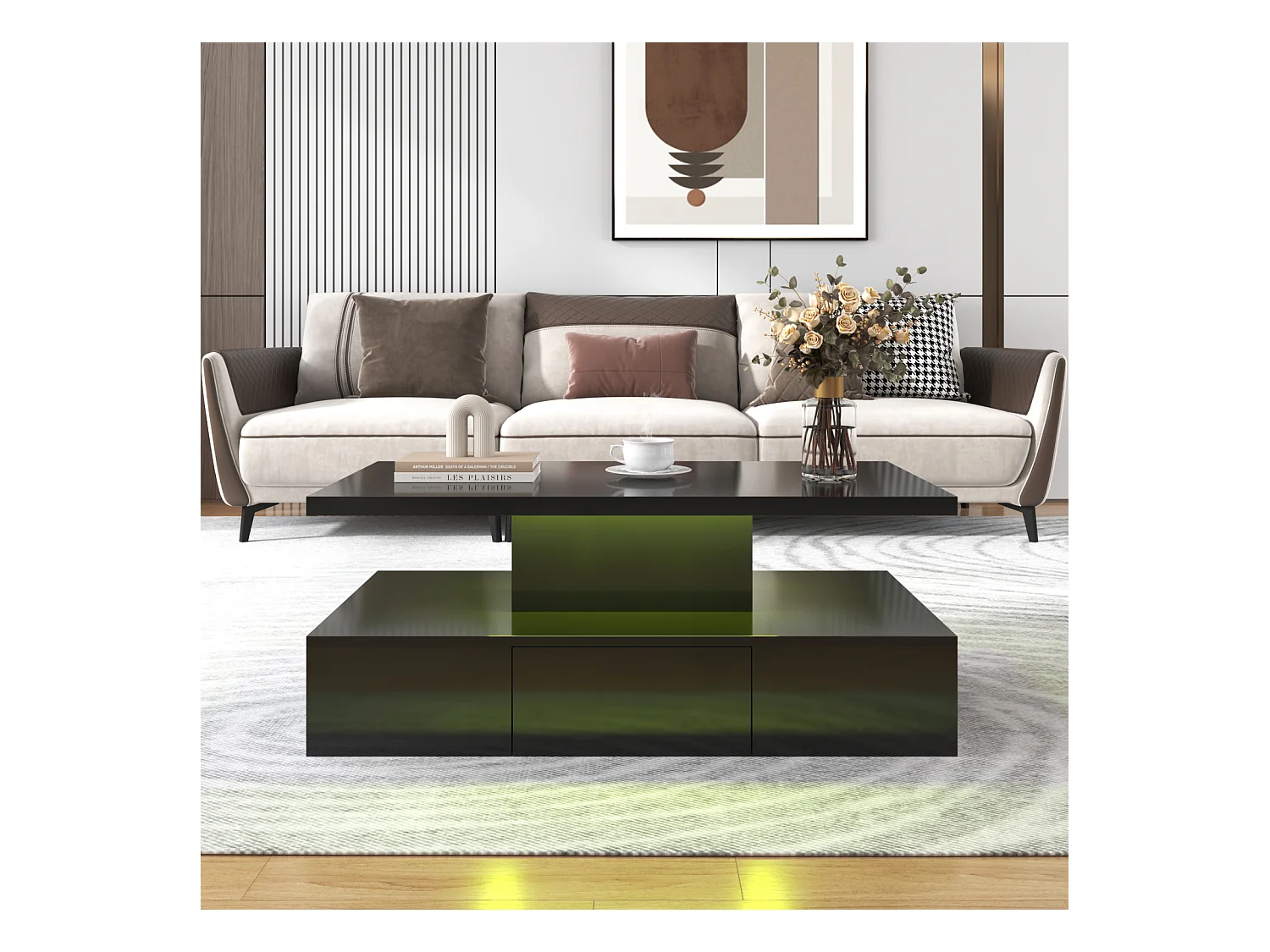 Table bass avec tiroirs, laque brillante, table avec deux niveaux de rangement, lumière LED, 100 L x 50 B x 39Hcm Noir