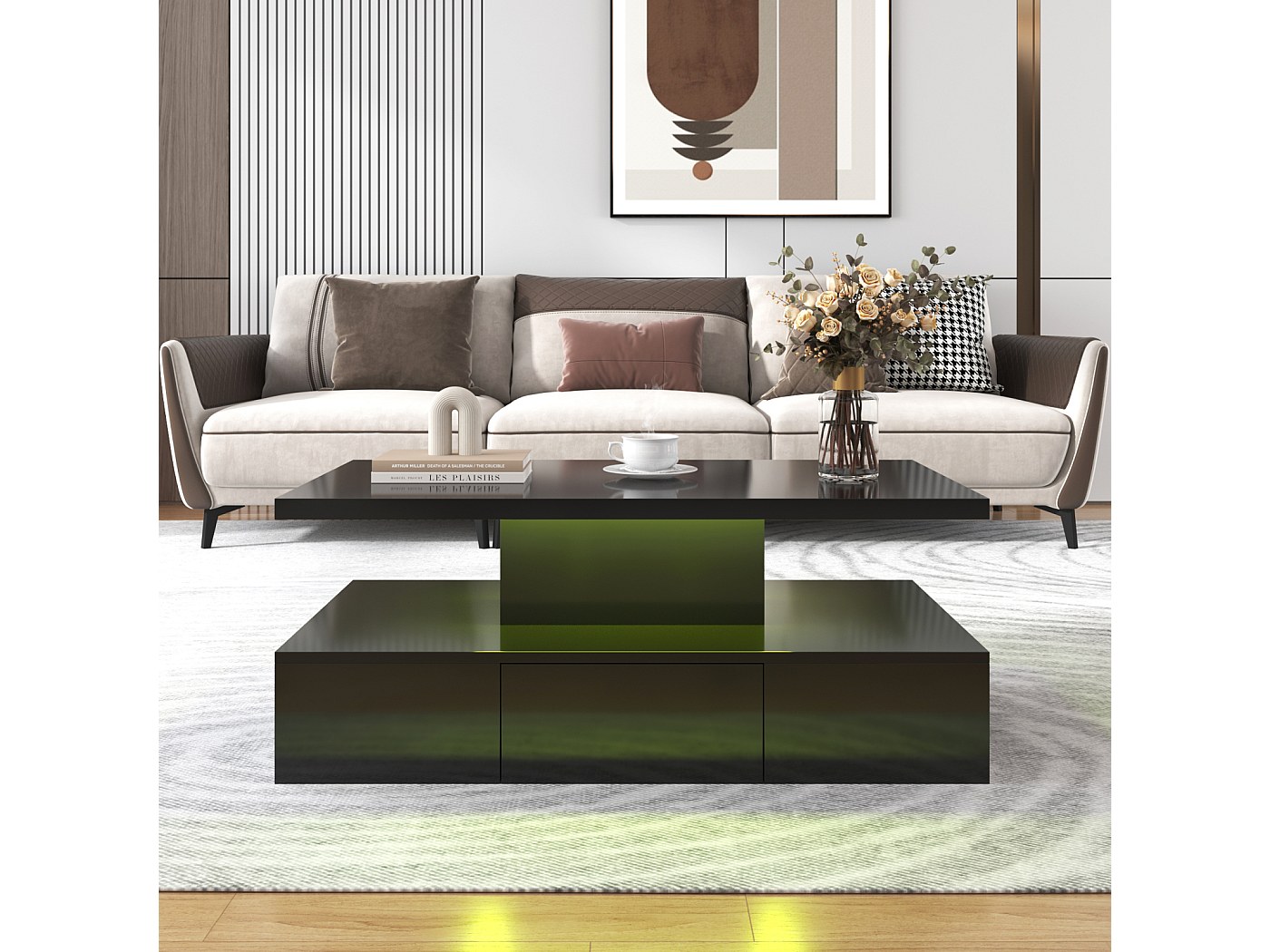 Hoogglans led-salontafel met 4 laden en USB, salontafel, woonkamertafel, moderne middentafel met 16 kleuren ledlampen voor woonkamer, slaapkamer (wit