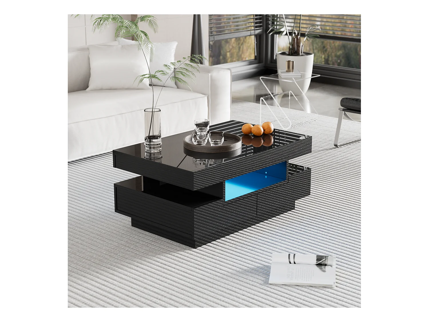 Table basse, finition brillante, avec LED, 4 tiroirs à l'avant et à l'arrière, grand espace de rangement 80x50x36cm, noir