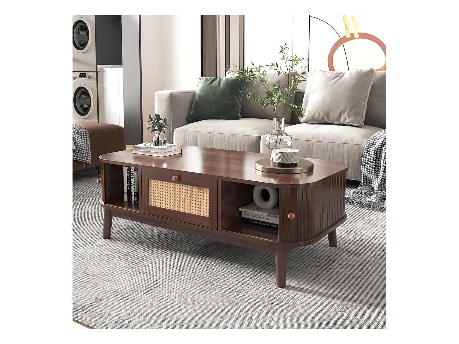 Table basse style cottage 110x55x38.5cm - Table à café avec tiroirs en rotin et portes coulissantes avec lattes en bois massif pieds en bois massif - Marron