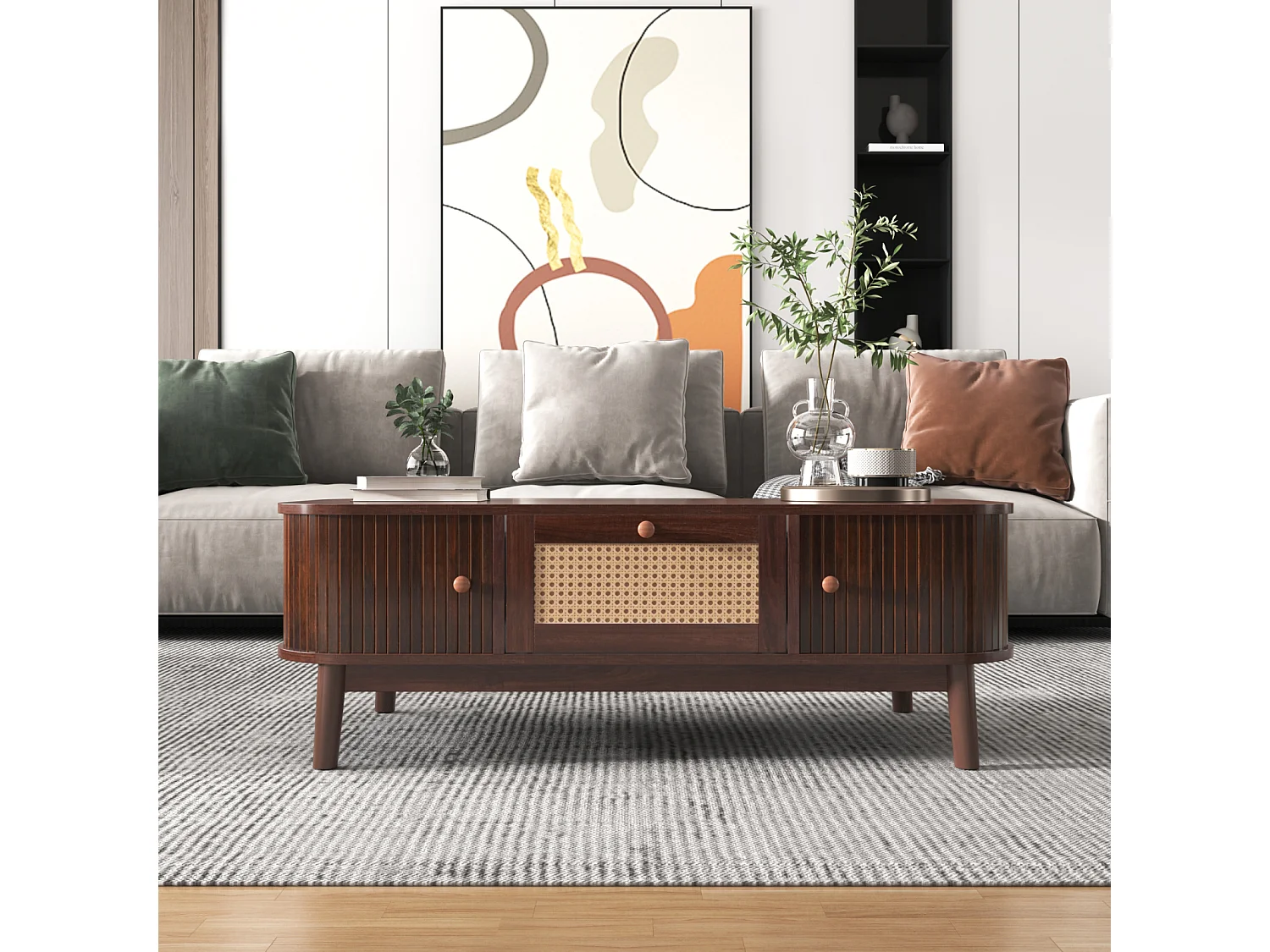 Mesa de centro estilo cabaña de 110 x 55 x 38,5 cm con cajones de ratán y puertas correderas, listones de madera maciza y patas de madera maciza, color marrón.