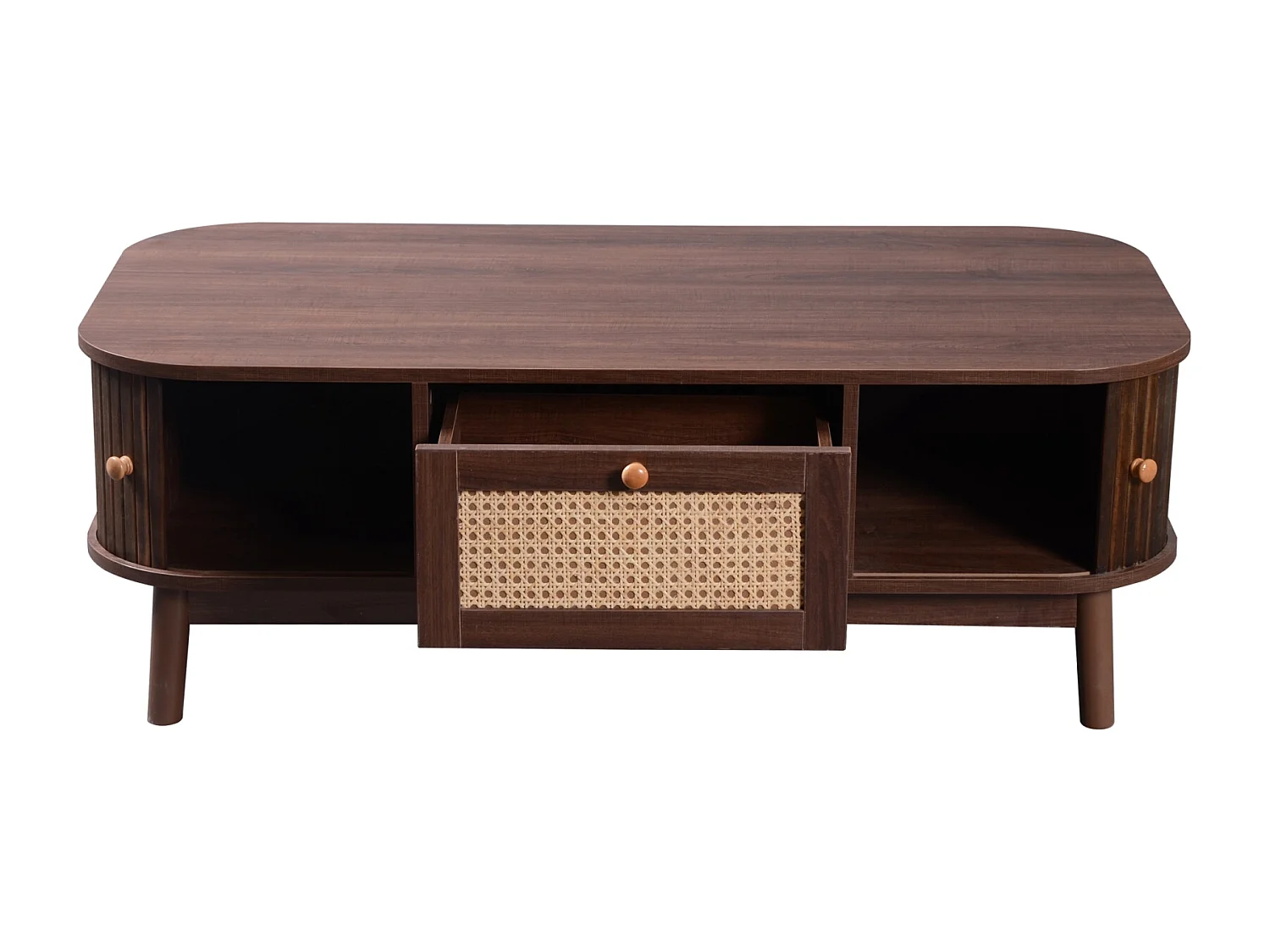 Mesa de centro estilo cabaña de 110 x 55 x 38,5 cm con cajones de ratán y puertas correderas, listones de madera maciza y patas de madera maciza, color marrón.