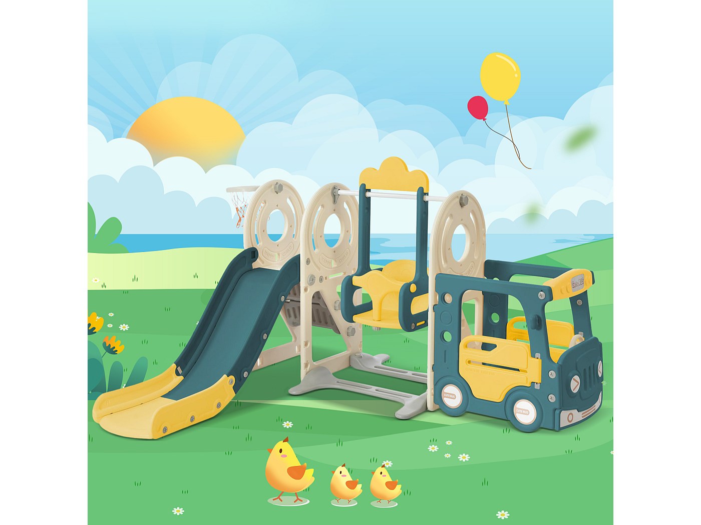 Kinderglijbaan - 5-in-1 glijbaan met basketbalring - glijbaan