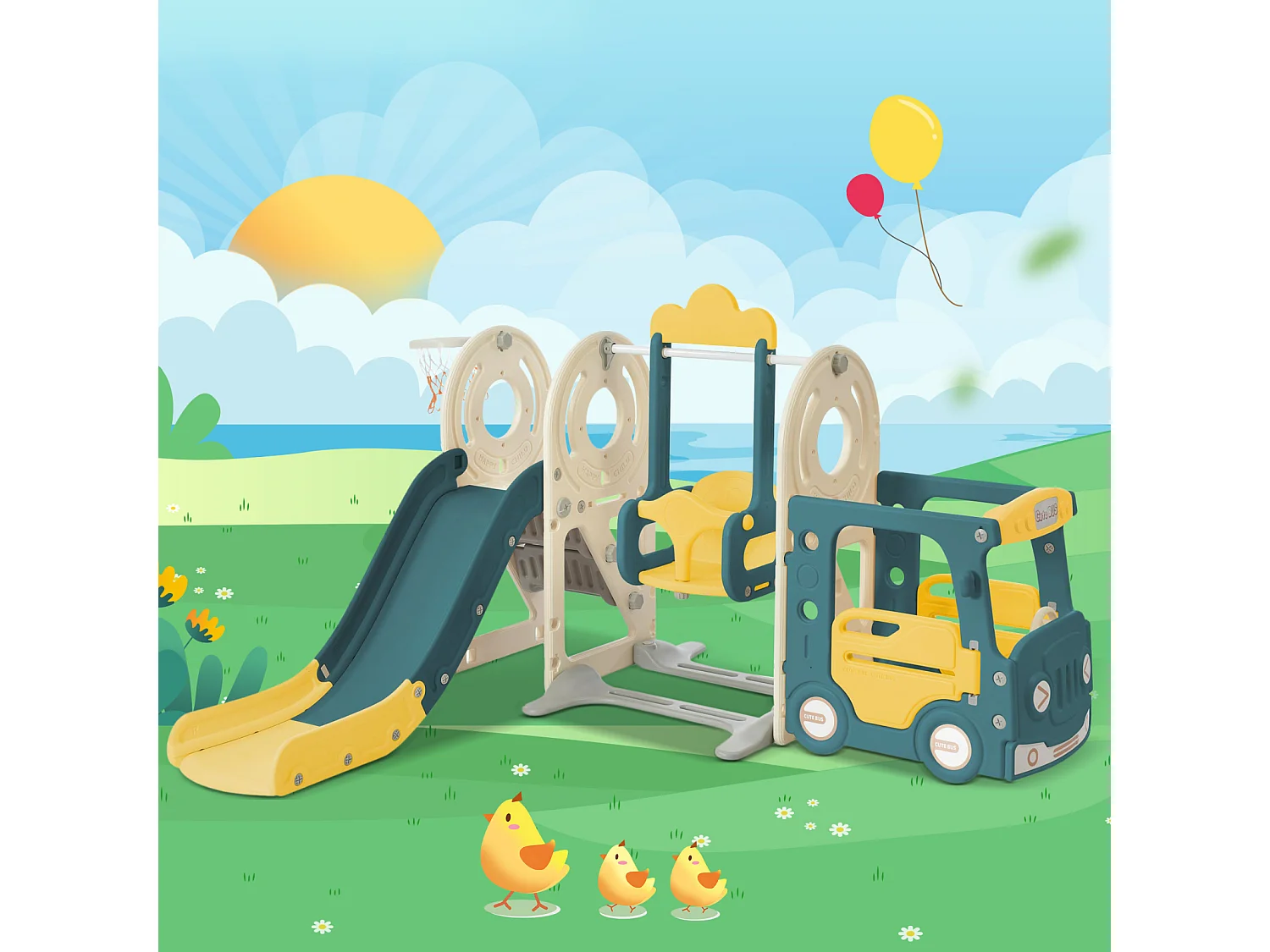 Toboggan pour enfant - Toboggan 5 en 1 avec panier de basket - Toboggan, espace de Bus, échelle d'escalade et télescope de jeu - Pour l'extérieur et l'intérieur