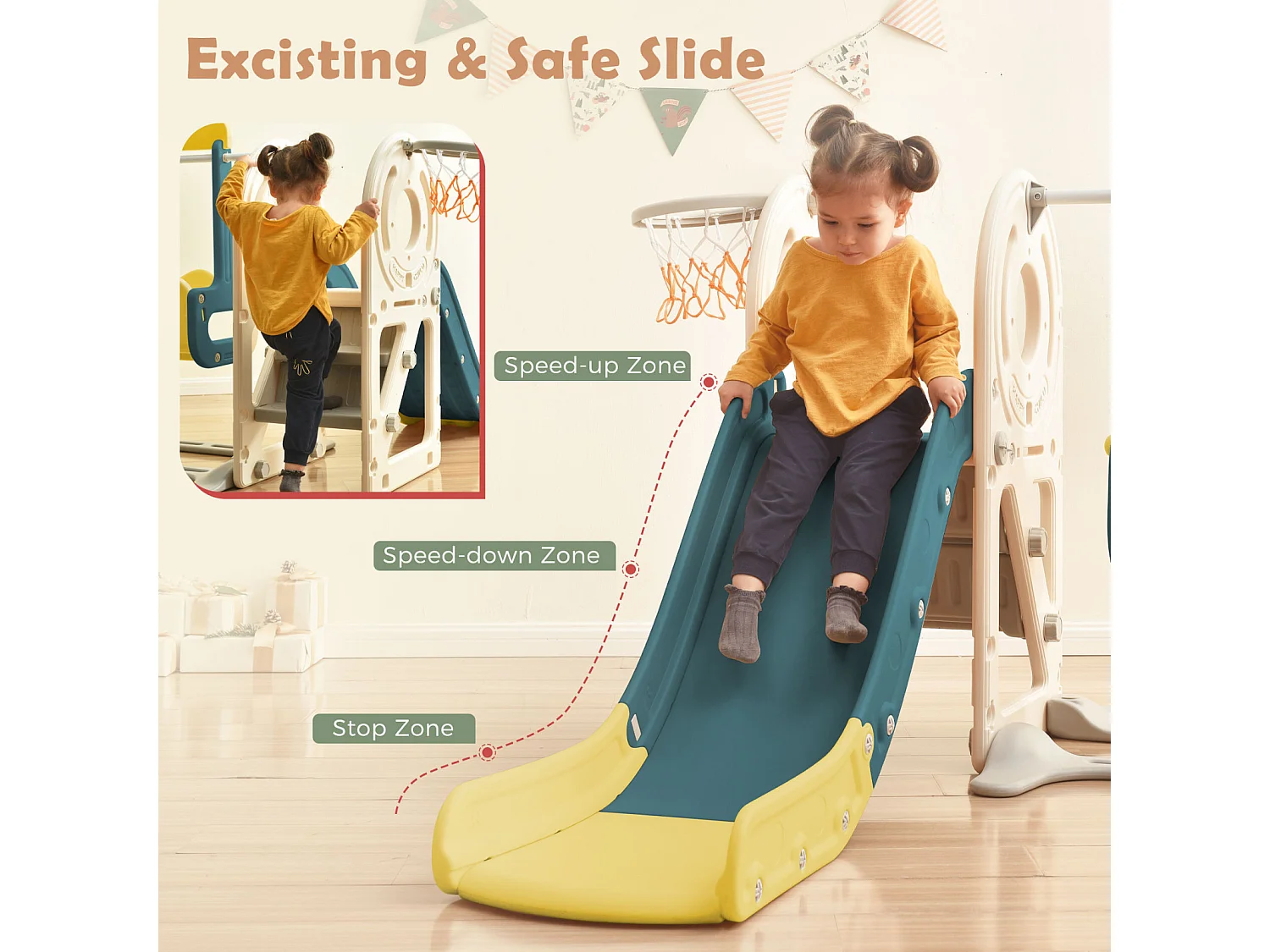 Toboggan pour enfant - Toboggan 5 en 1 avec panier de basket - Toboggan, espace de Bus, échelle d'escalade et télescope de jeu - Pour l'extérieur et l'intérieur