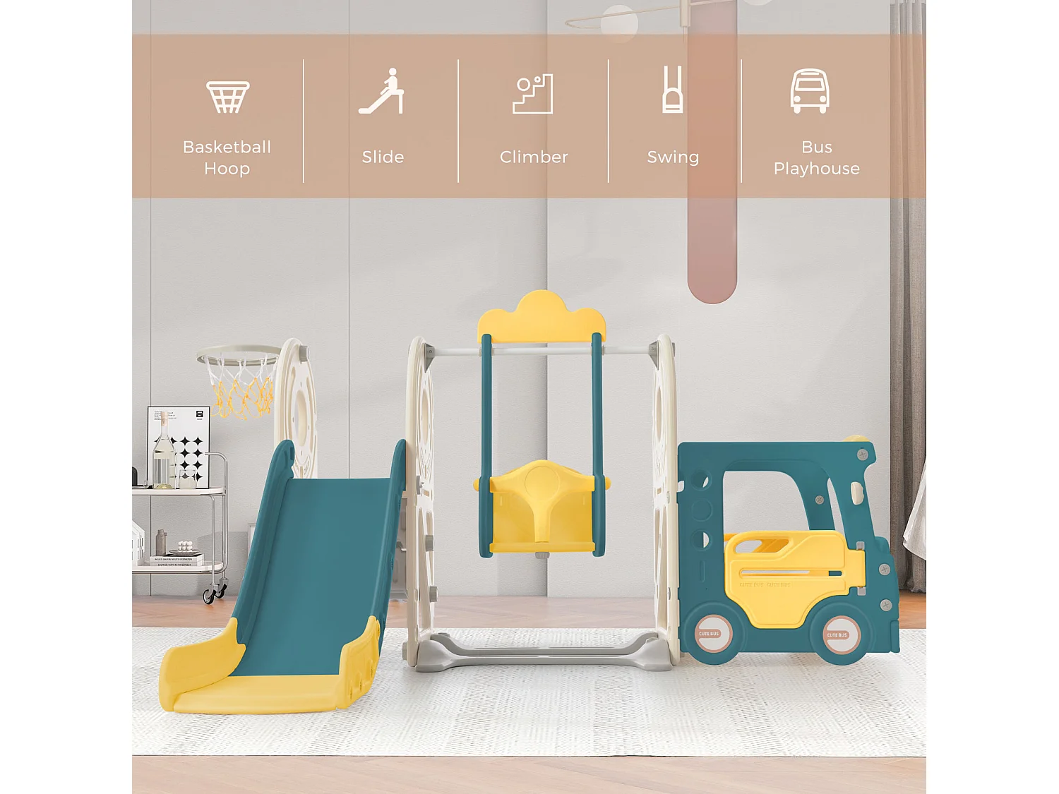 Toboggan pour enfant - Toboggan 5 en 1 avec panier de basket - Toboggan, espace de Bus, échelle d'escalade et télescope de jeu - Pour l'extérieur et l'intérieur