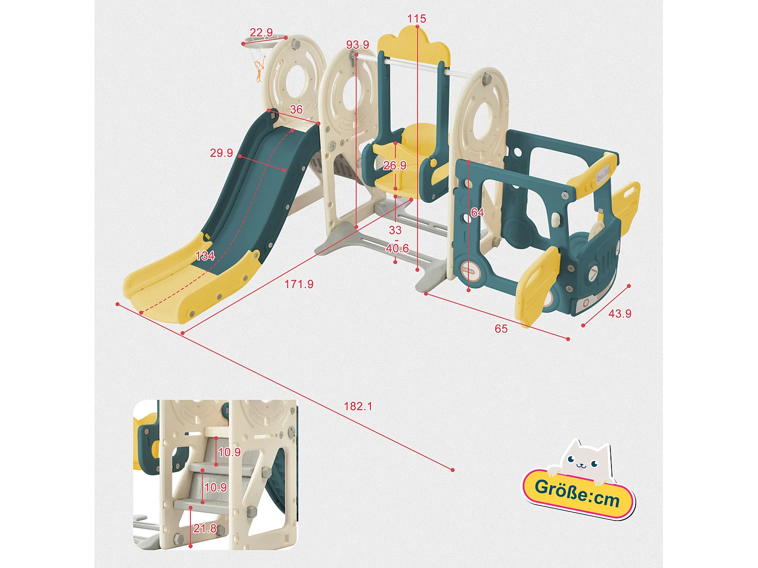 Toboggan pour enfant - Toboggan 5 en 1 avec panier de basket - Toboggan, espace de Bus, échelle d'escalade et télescope de jeu - Pour l'extérieur et l'intérieur
