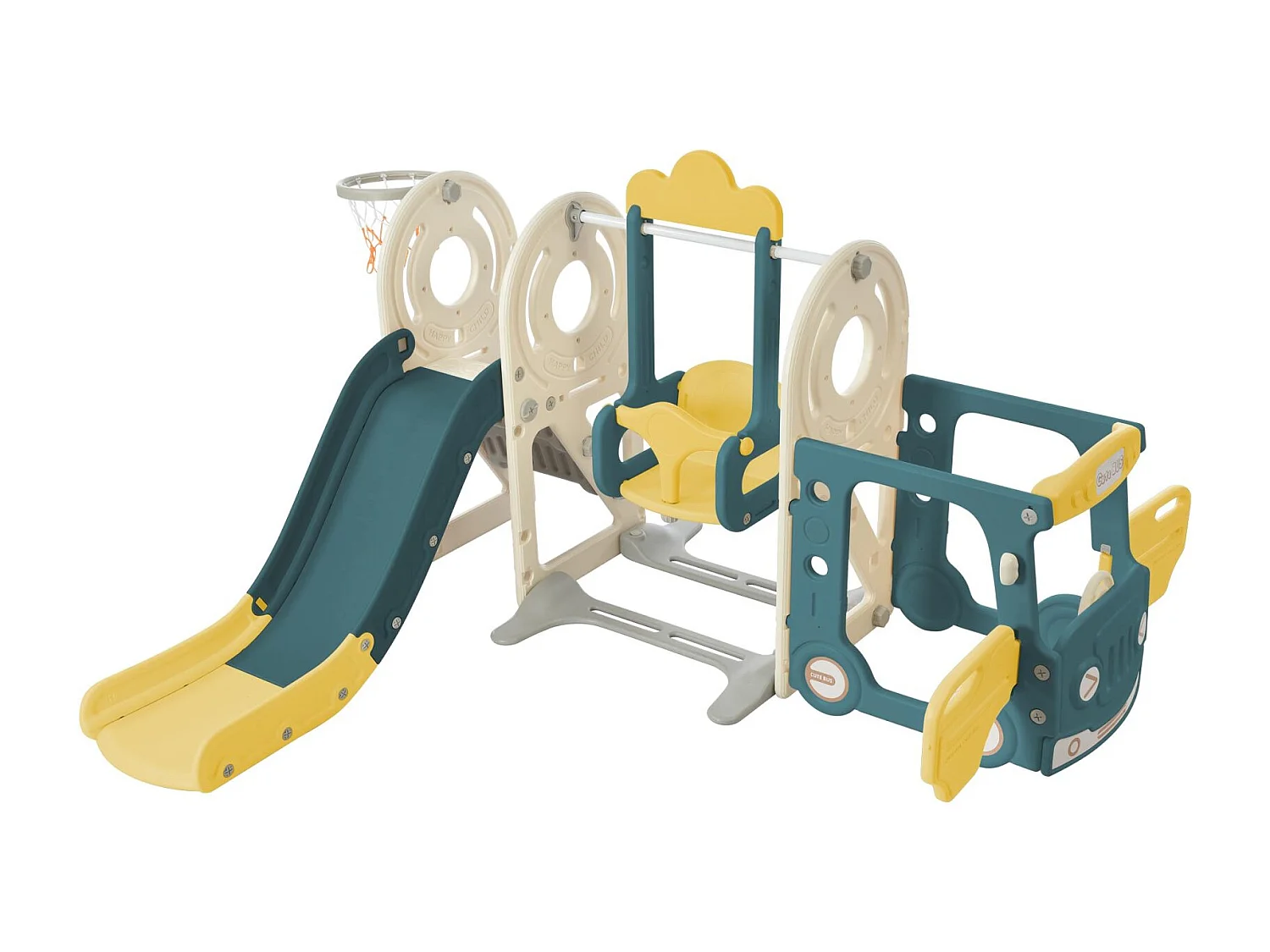 Toboggan pour enfant - Toboggan 5 en 1 avec panier de basket - Toboggan, espace de Bus, échelle d'escalade et télescope de jeu - Pour l'extérieur et l'intérieur