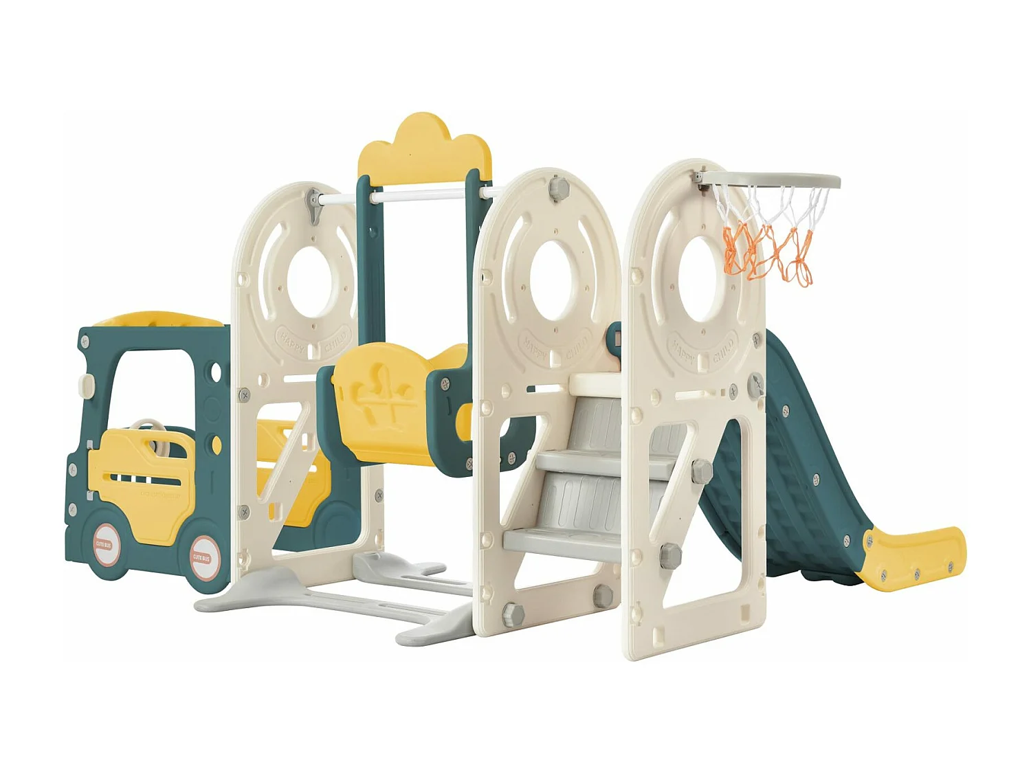 Toboggan pour enfant - Toboggan 5 en 1 avec panier de basket - Toboggan, espace de Bus, échelle d'escalade et télescope de jeu - Pour l'extérieur et l'intérieur