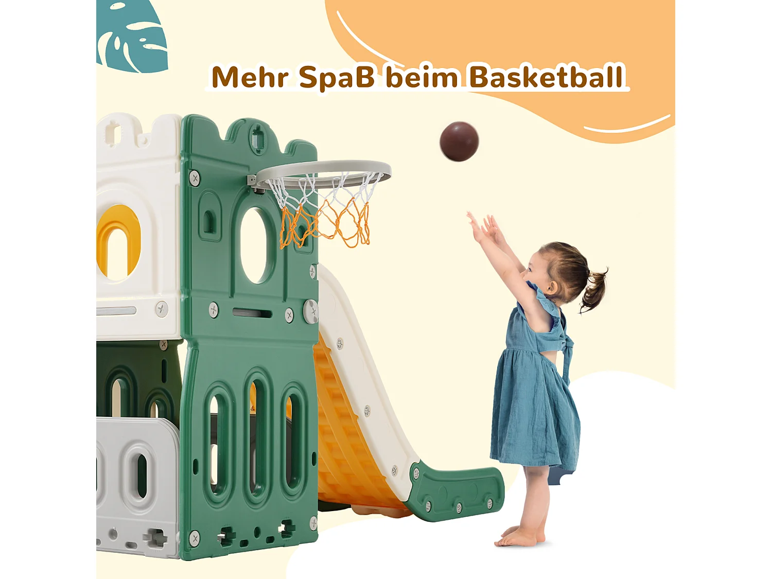 Tobogán infantil 6 en 1: con aro de baloncesto, tobogán y torre de escalada, HDPE (no incluye pelotas de mar), verde