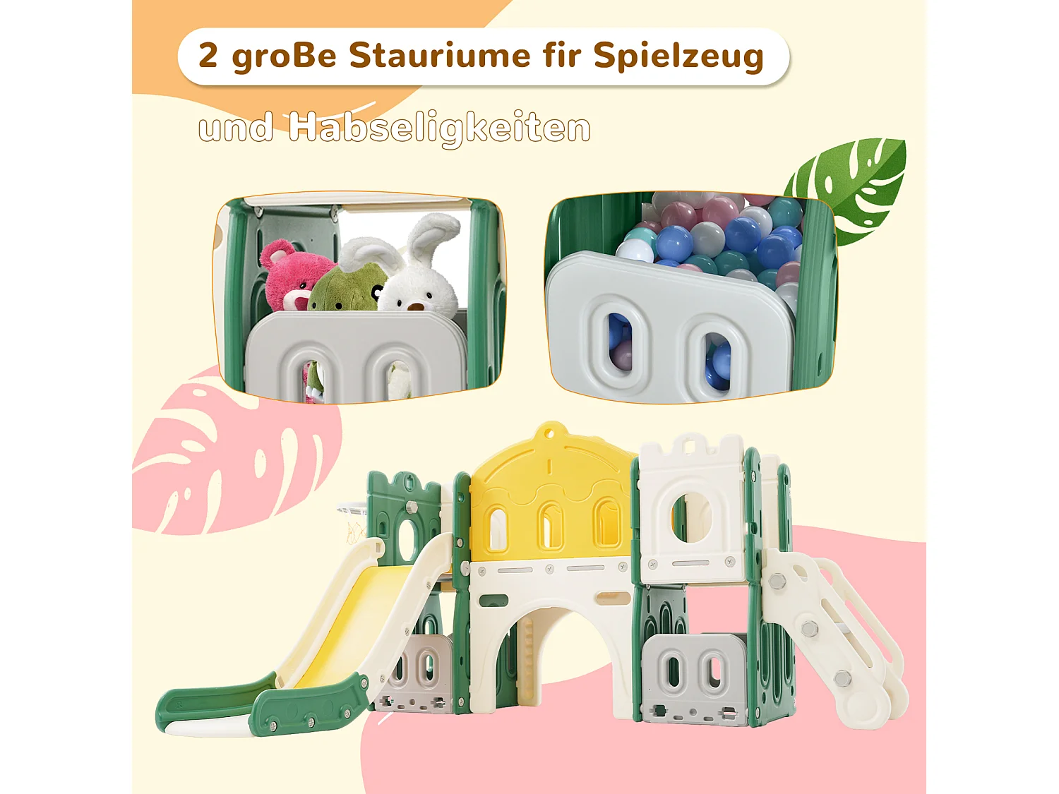 Tobogán infantil 6 en 1: con aro de baloncesto, tobogán y torre de escalada, HDPE (no incluye pelotas de mar), verde