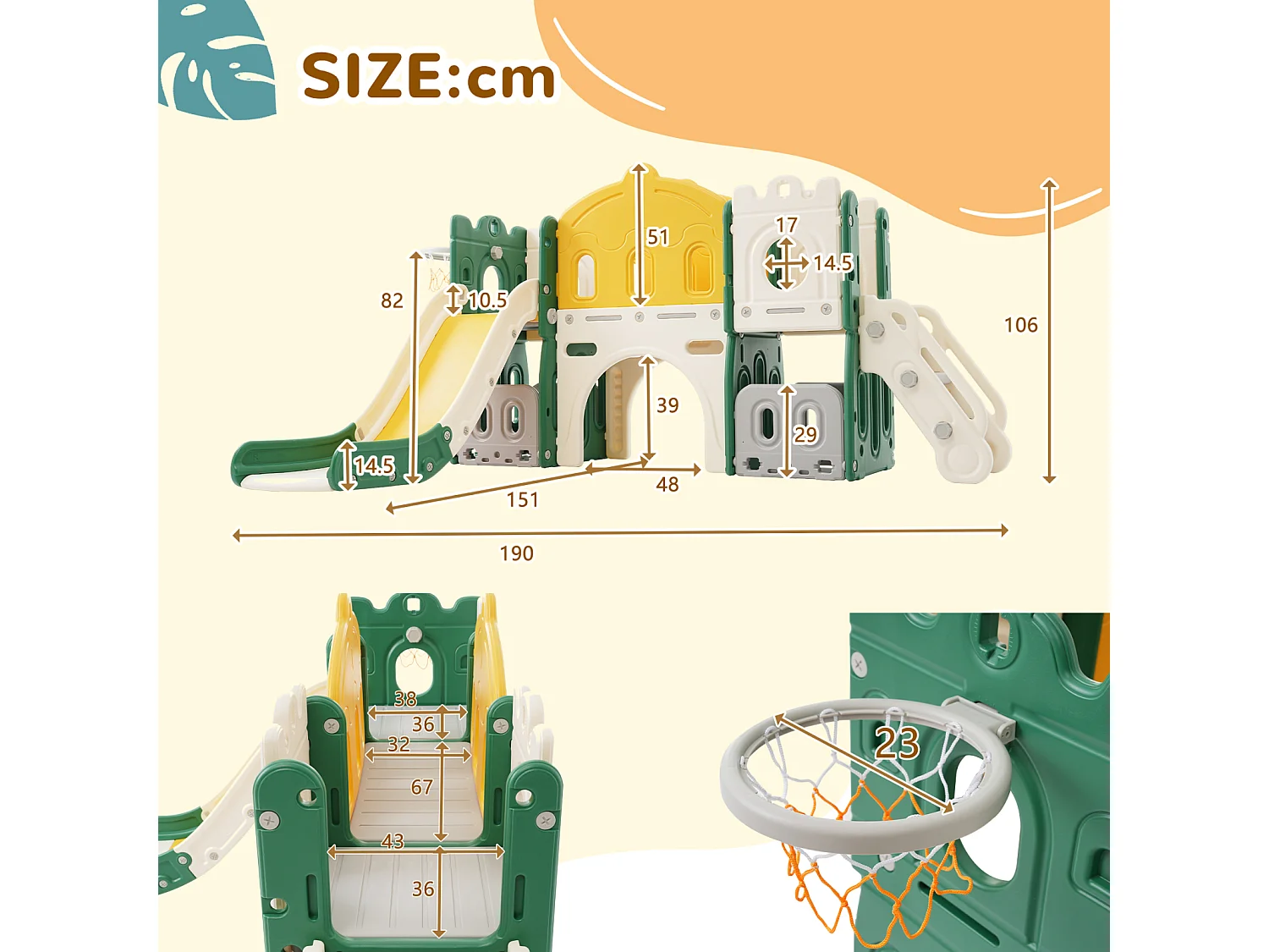 Tobogán infantil 6 en 1: con aro de baloncesto, tobogán y torre de escalada, HDPE (no incluye pelotas de mar), verde