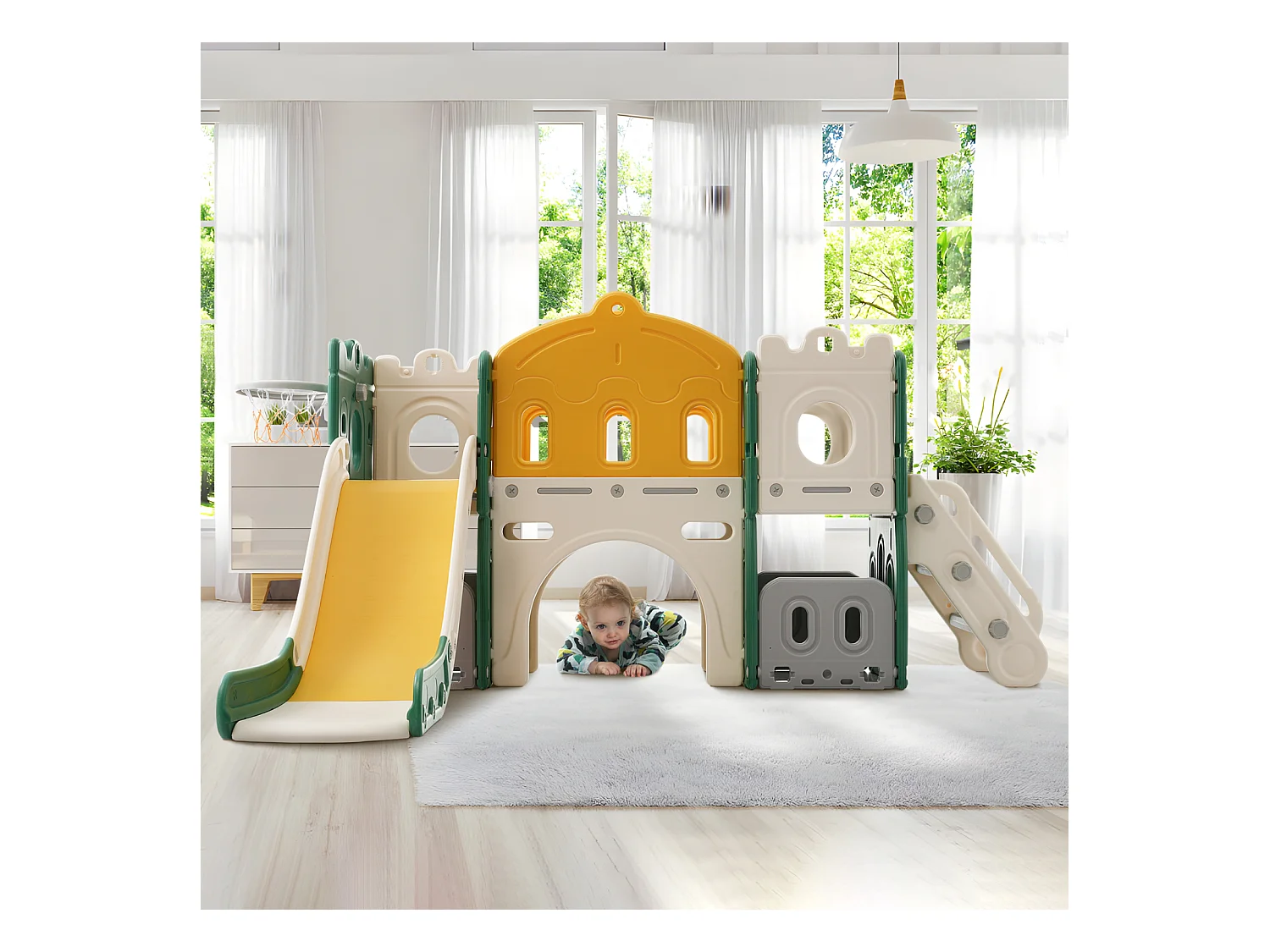 Toboggan pour enfants 6 en 1 - Avec panier de basket, toboggan, tour d'escalade, en PEHD (balles de mer non exclues) - Vert