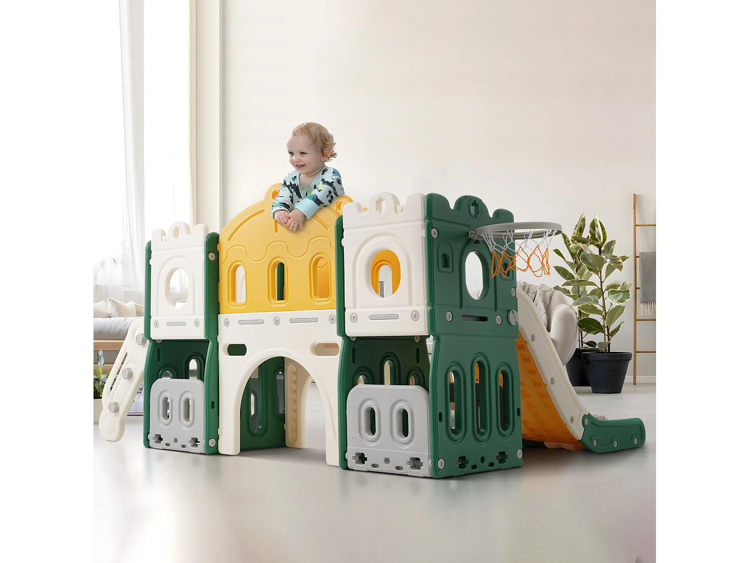 Escorregador infantil 6 em 1 - com cesta de basquete, escorregador, torre de escalada, HDPE (bolas do mar não incluídas) - Verde