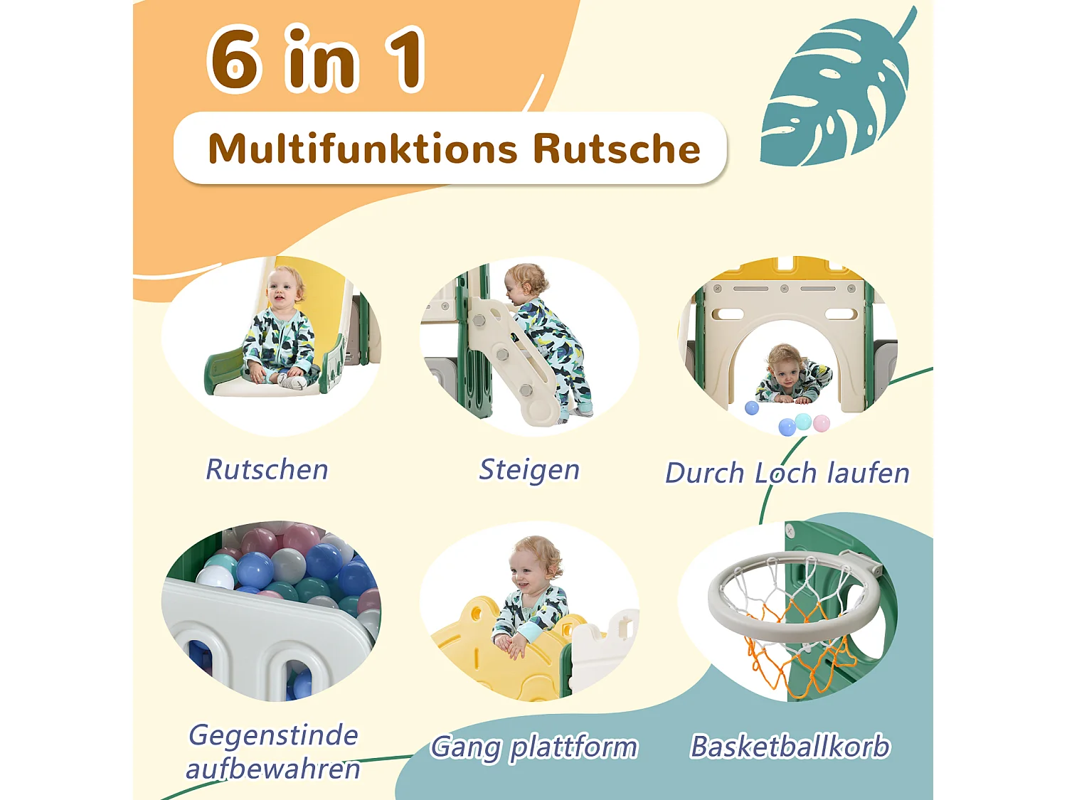 Toboggan pour enfants 6 en 1 - Avec panier de basket, toboggan, tour d'escalade, en PEHD (balles de mer non exclues) - Vert