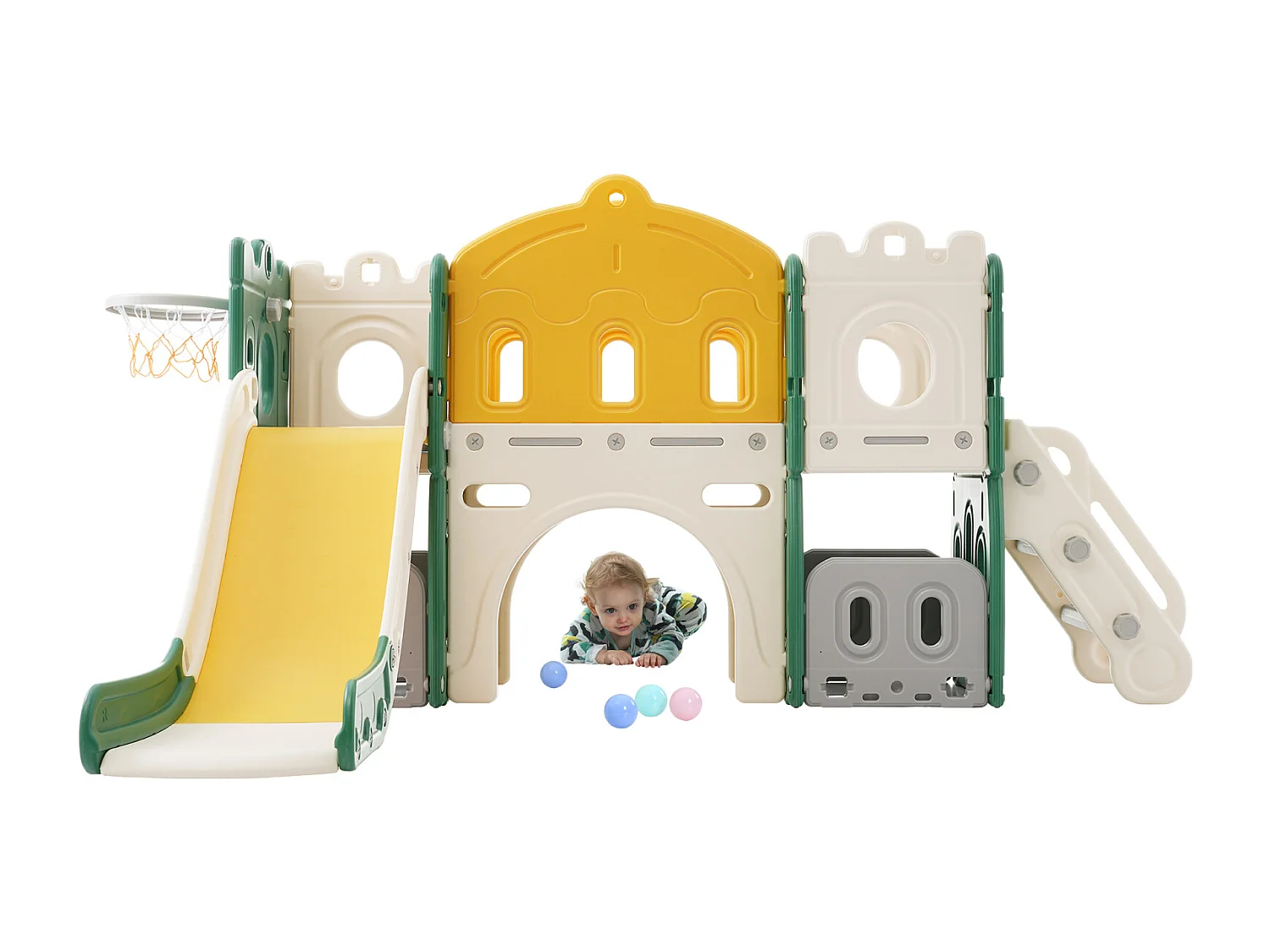 Toboggan pour enfants 6 en 1 - Avec panier de basket, toboggan, tour d'escalade, en PEHD (balles de mer non exclues) - Vert