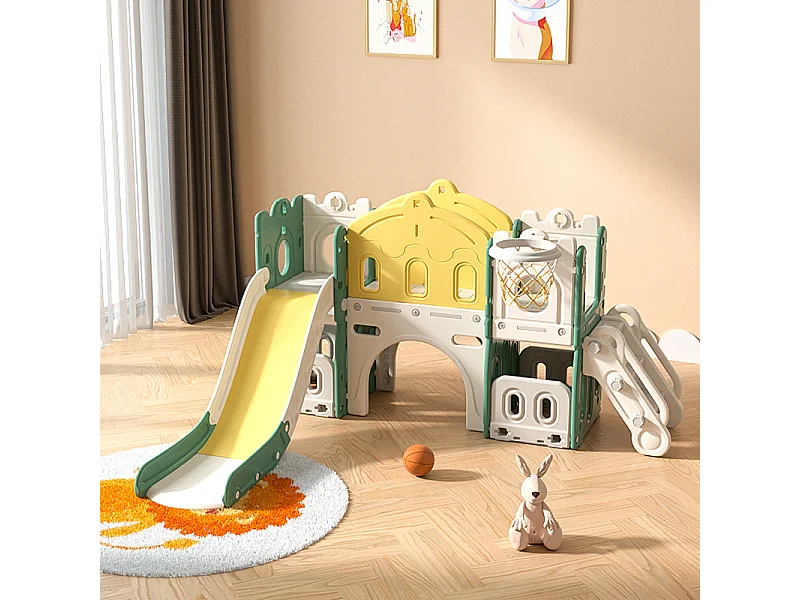 Toboggan pour enfants 6 en 1 - Avec panier de basket, toboggan, tour d'escalade, en PEHD (balles de mer non exclues) - Vert