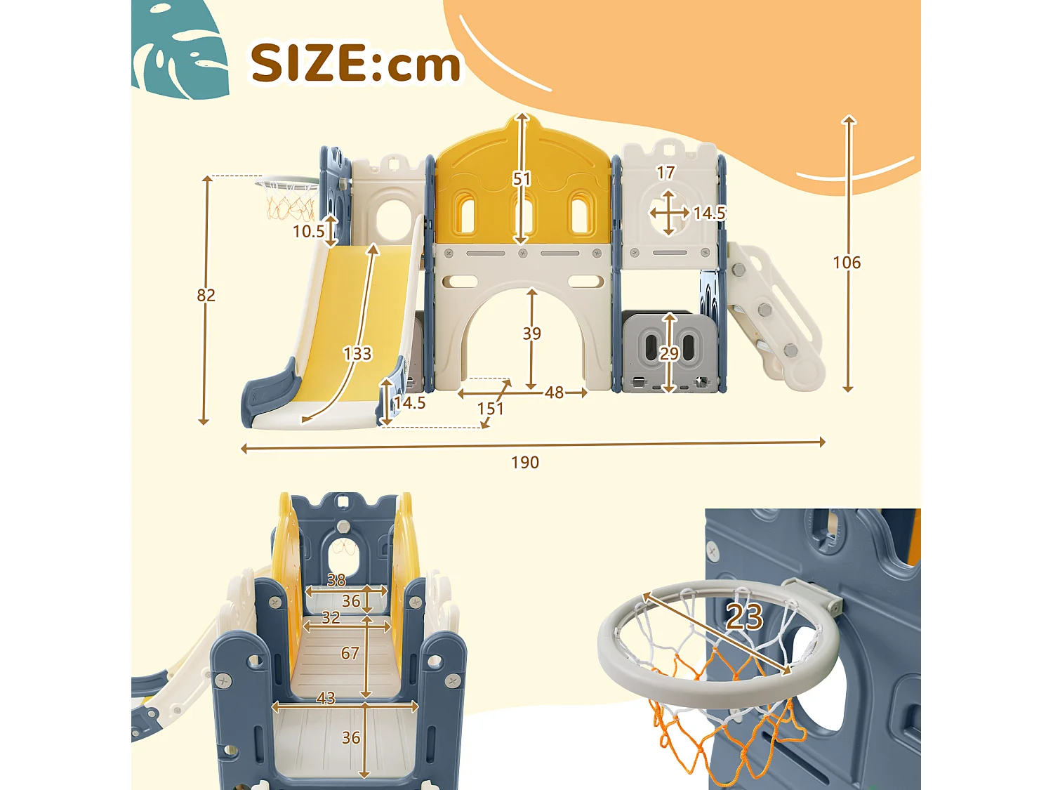 Toboggan pour enfants 6 en 1， HDPE  ，Bleu+Jaune