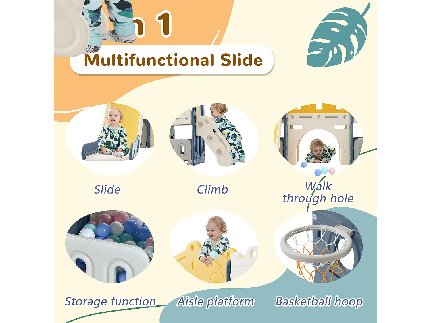 Toboggan pour enfants 6 en 1， HDPE  ，Bleu+Jaune