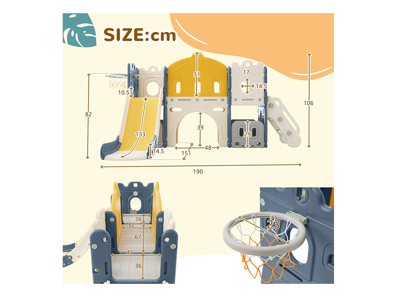 Toboggan pour enfants 6 en 1, HDPE  ,Bleu+Jaune