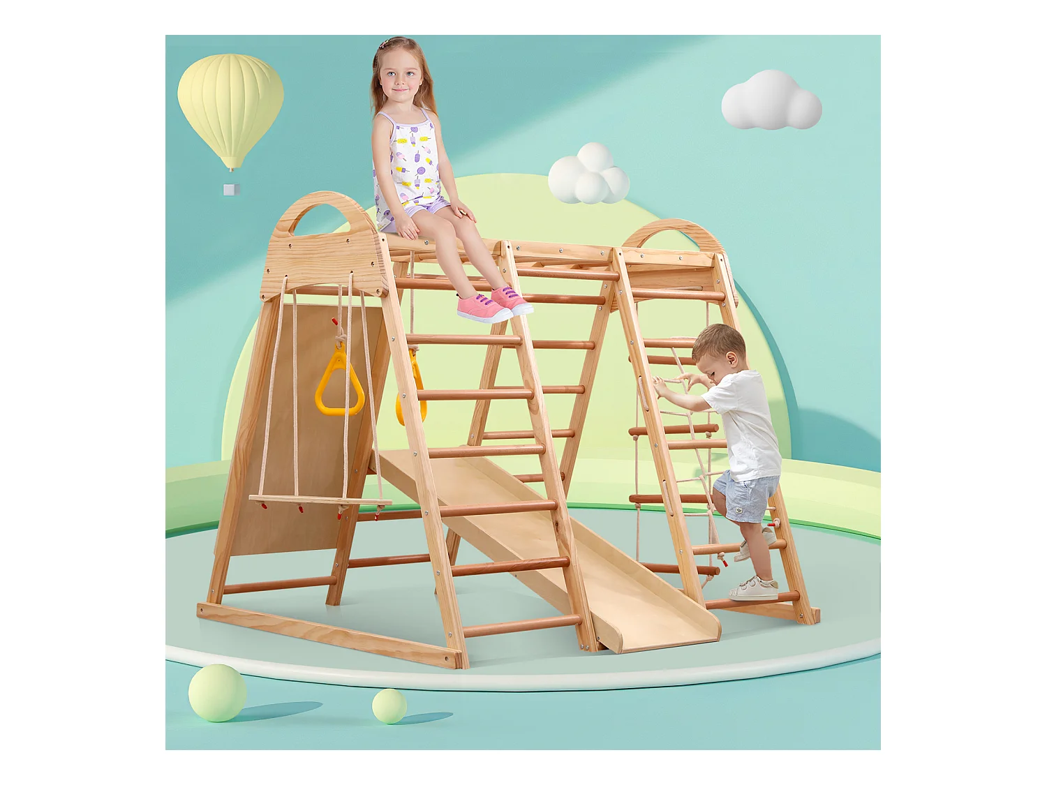 Parco giochi 7 in 1 con scivolo, altalena e rete da arrampicata, 140 x 120 x 120 cm