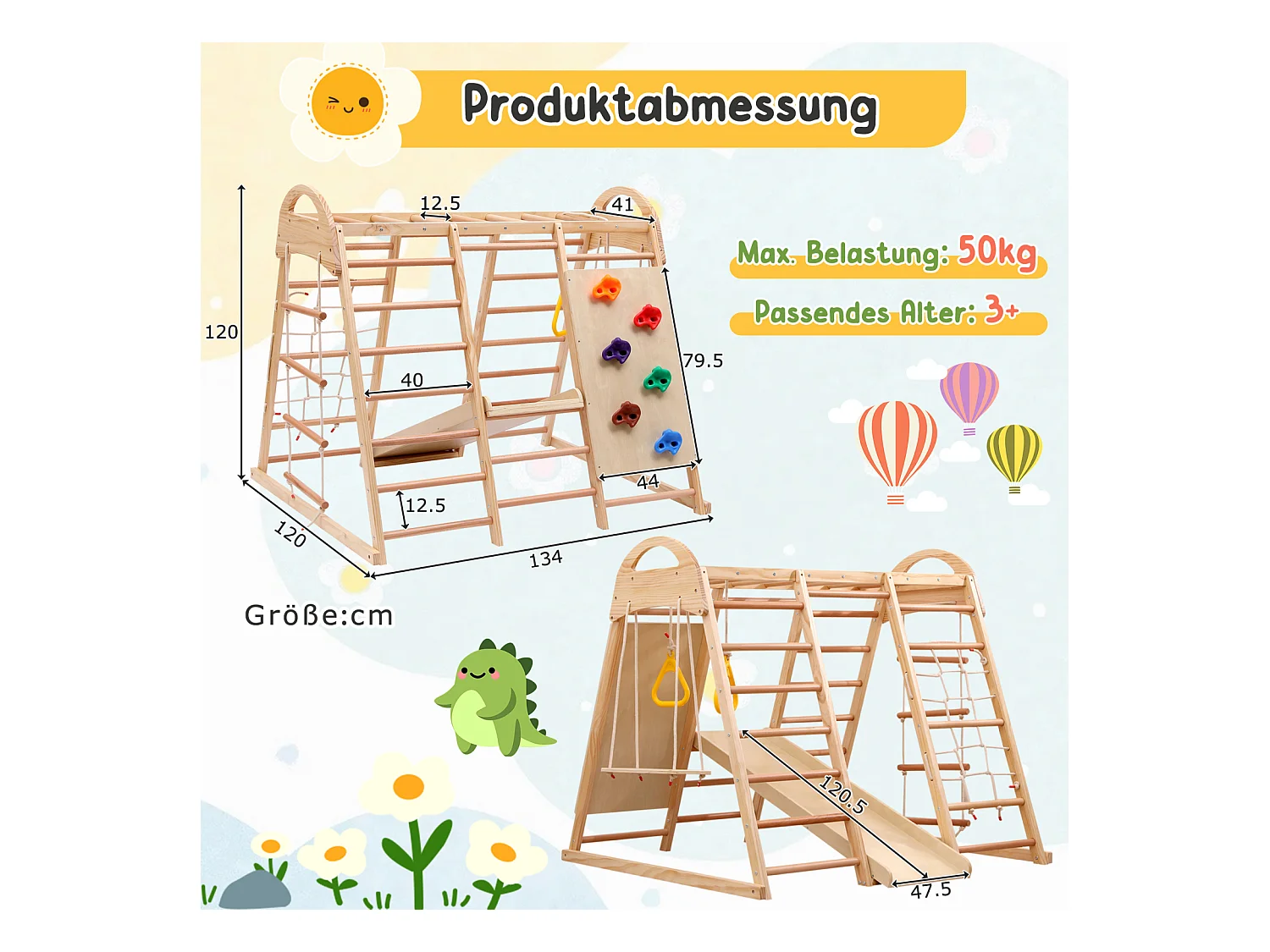 Parco giochi 7 in 1 con scivolo, altalena e rete da arrampicata, 140 x 120 x 120 cm