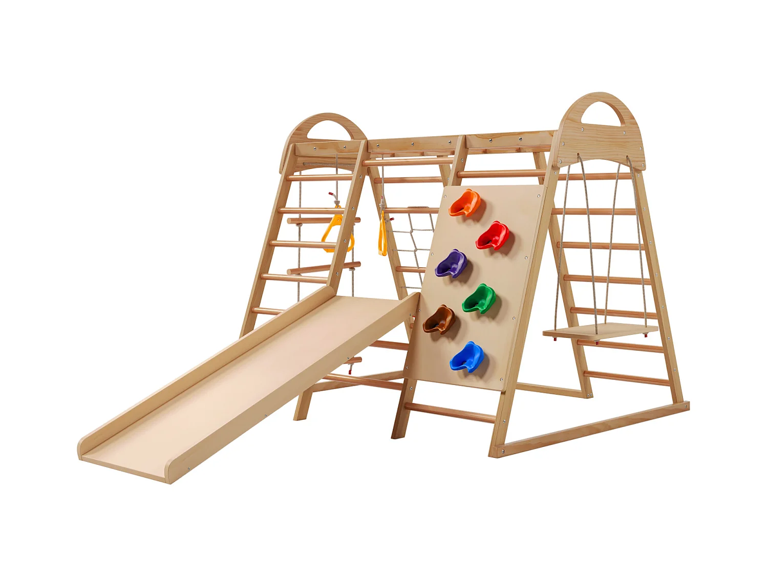 Parco giochi 7 in 1 con scivolo, altalena e rete da arrampicata, 140 x 120 x 120 cm