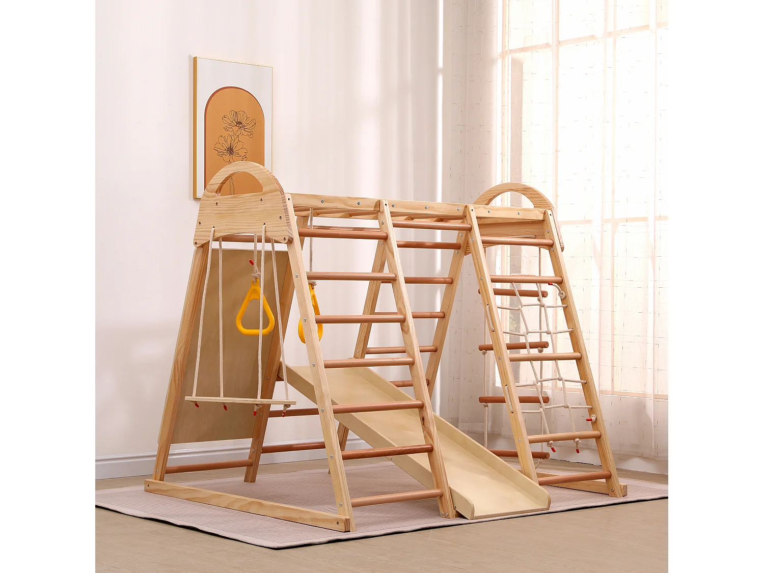 Aire de jeux 7 en 1 avec toboggan, balançoire et filet d'Escalade, 140 x 120 x 120 cm