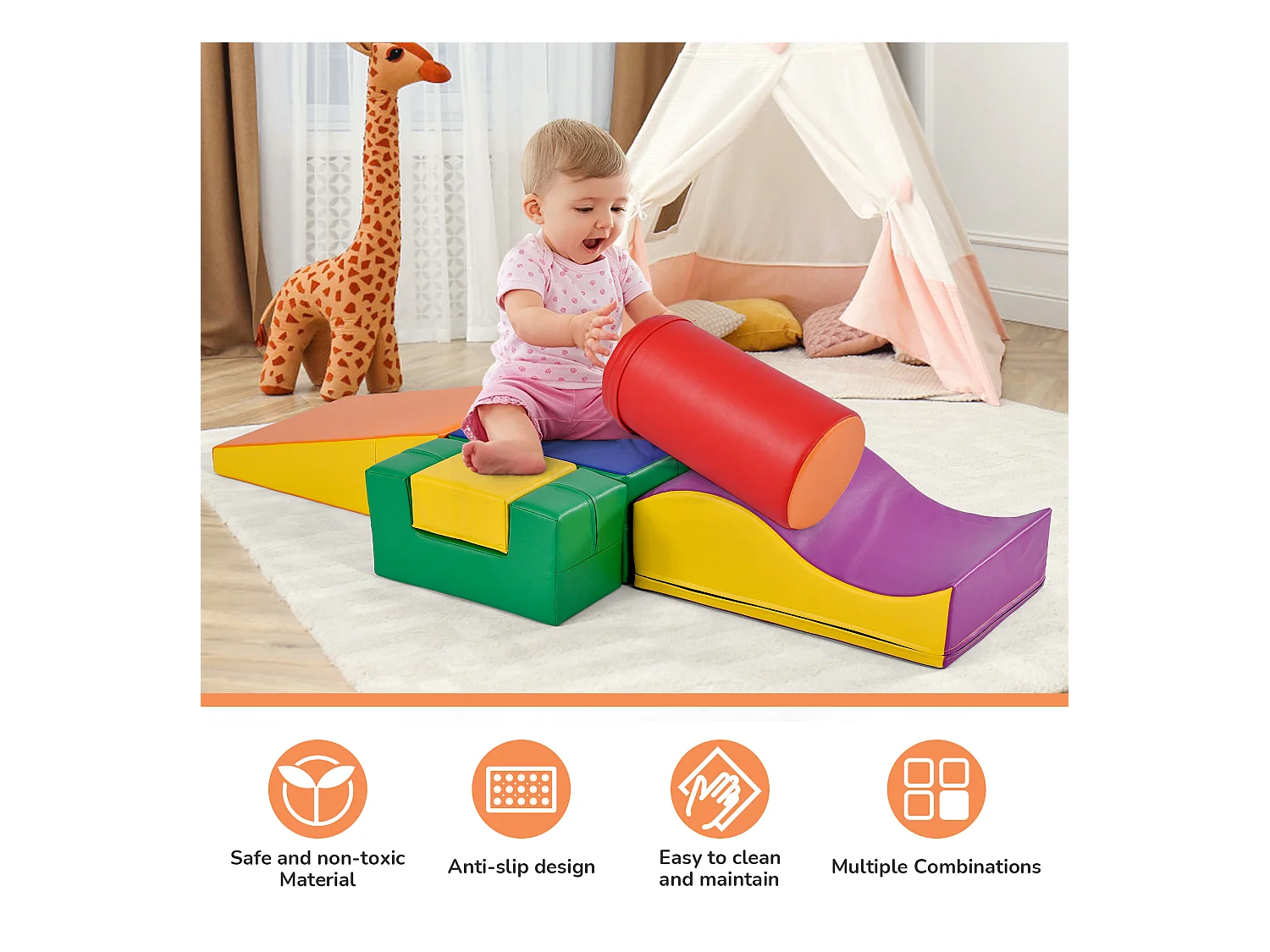 pezzi di blocchi da costruzione morbidi giganti per parco giochi, moduli per correre e arrampicarsi, PU - Arancione