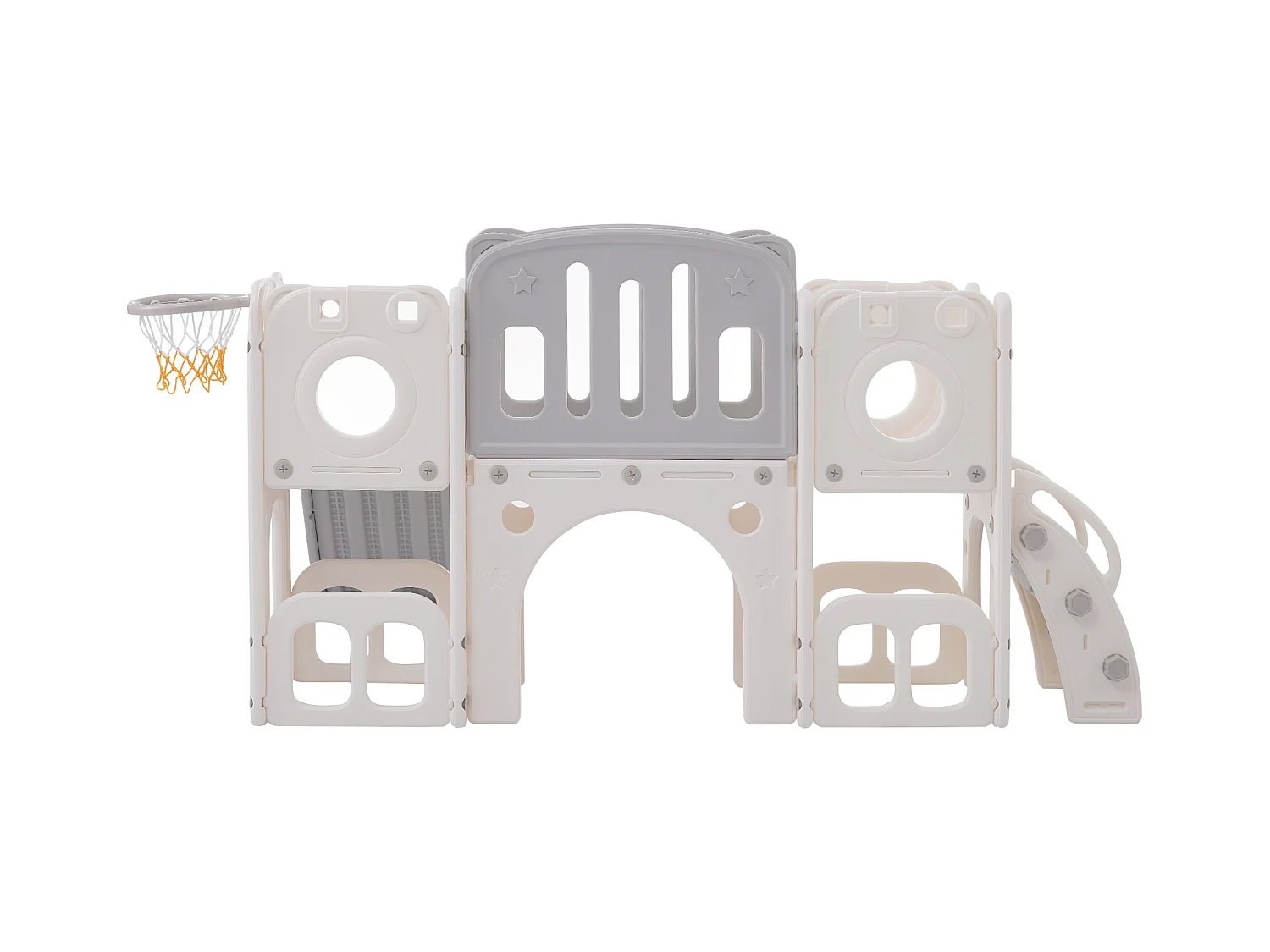 Toboggan 6 en 1 en PEHD pour enfant, avec plate-forme, escalier, 2 zondes de rangement, arcade, panier de basket, gris