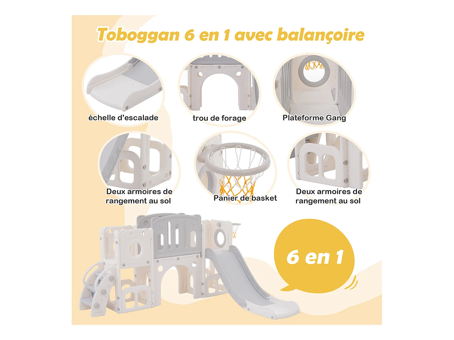 Scivolo 6 in 1 in HDPE per bambini con piattaforma, scale, 2 aree di stoccaggio, arco, canestro da basket, grigio