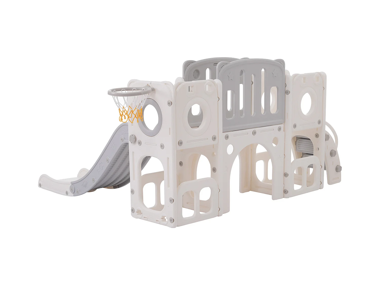 Scivolo 6 in 1 in HDPE per bambini con piattaforma, scale, 2 aree di stoccaggio, arco, canestro da basket, grigio