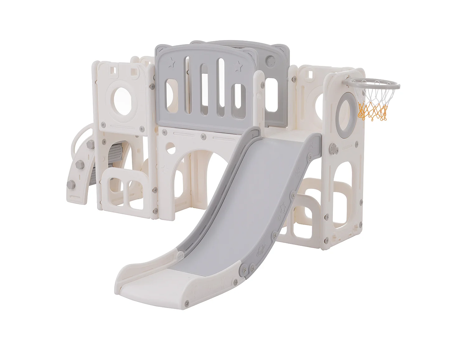 Scivolo 6 in 1 in HDPE per bambini con piattaforma, scale, 2 aree di stoccaggio, arco, canestro da basket, grigio