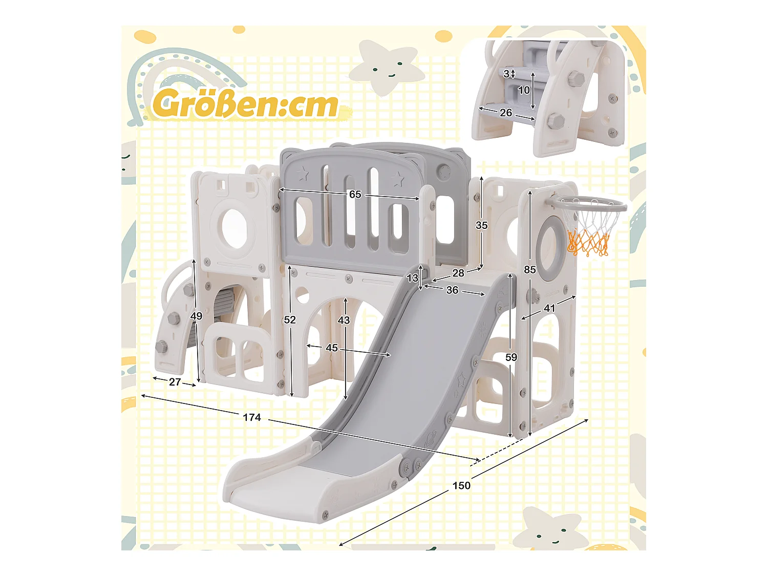 Scivolo 6 in 1 in HDPE per bambini con piattaforma, scale, 2 aree di stoccaggio, arco, canestro da basket, grigio