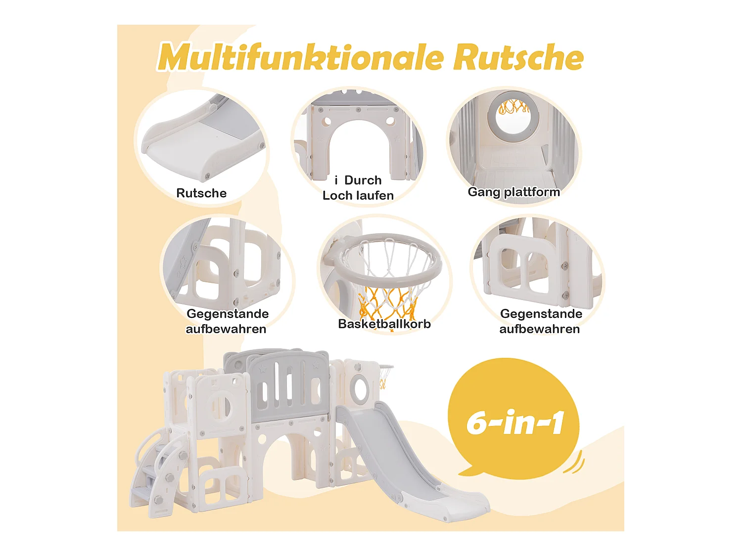 Scivolo 6 in 1 in HDPE per bambini con piattaforma, scale, 2 aree di stoccaggio, arco, canestro da basket, grigio