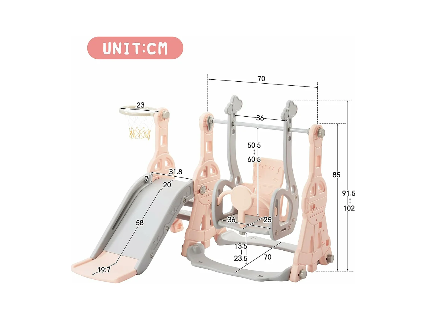 Altalena per bambini con scivolo, scaletta e altalena con canestro da basket - Parco giochi 4 in 1 - Uso interno ed esterno - Rosa