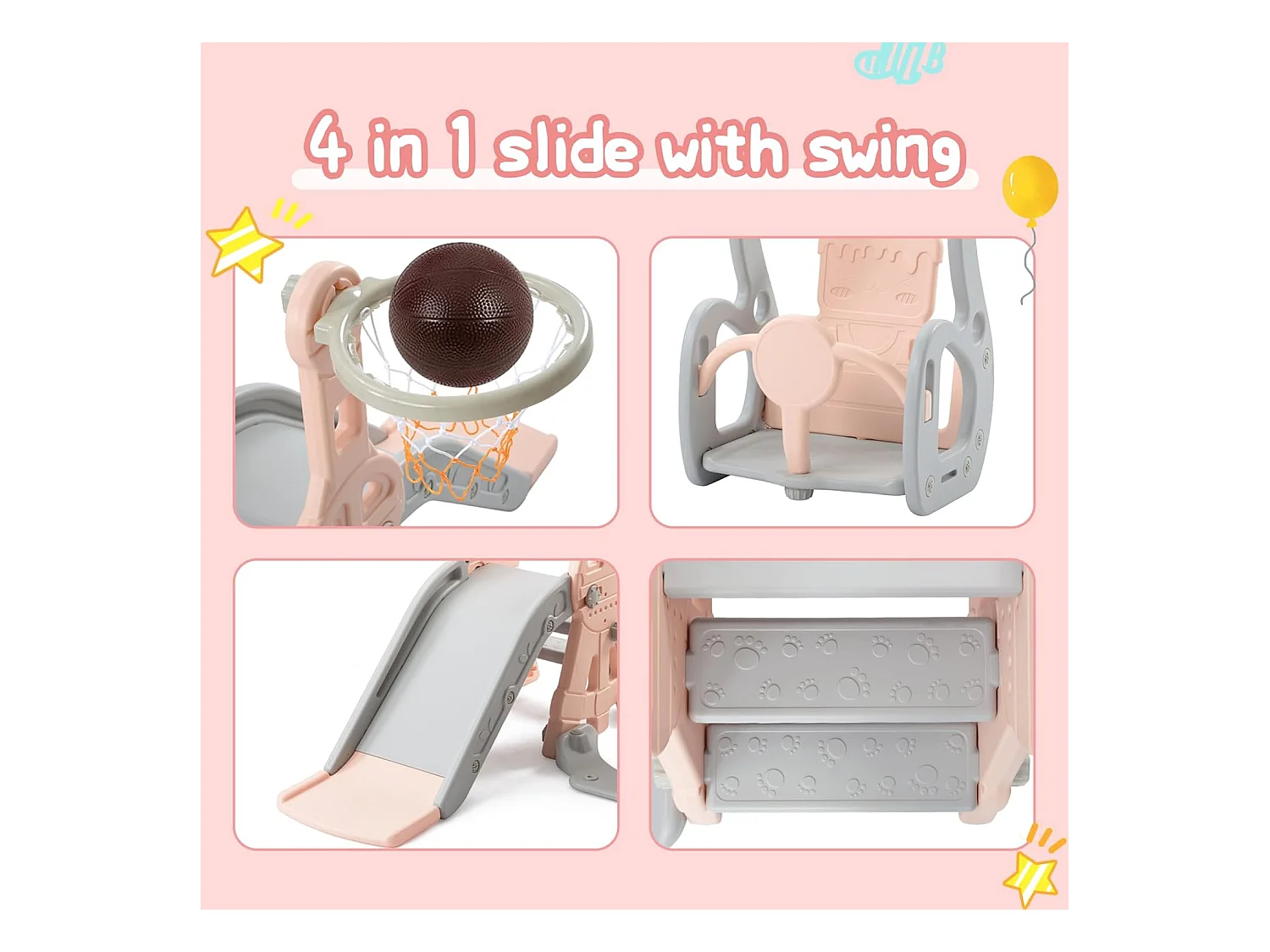 Altalena per bambini con scivolo, scaletta e altalena con canestro da basket - Parco giochi 4 in 1 - Uso interno ed esterno - Rosa