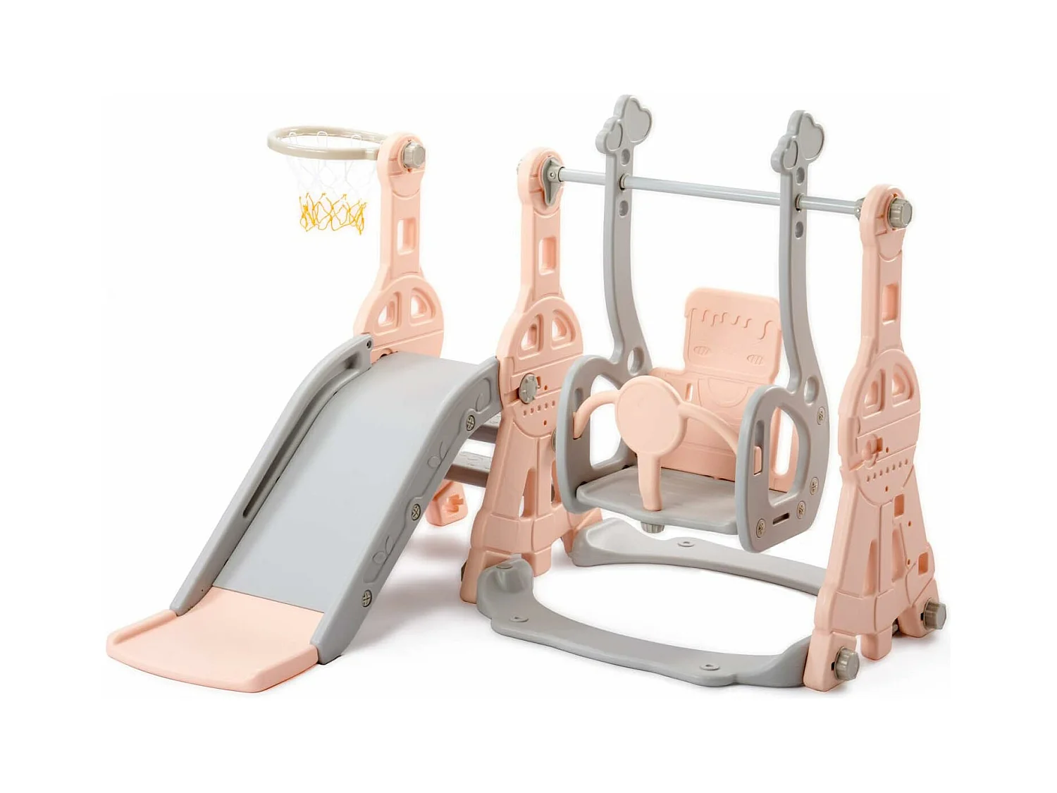 Altalena per bambini con scivolo, scaletta e altalena con canestro da basket - Parco giochi 4 in 1 - Uso interno ed esterno - Rosa